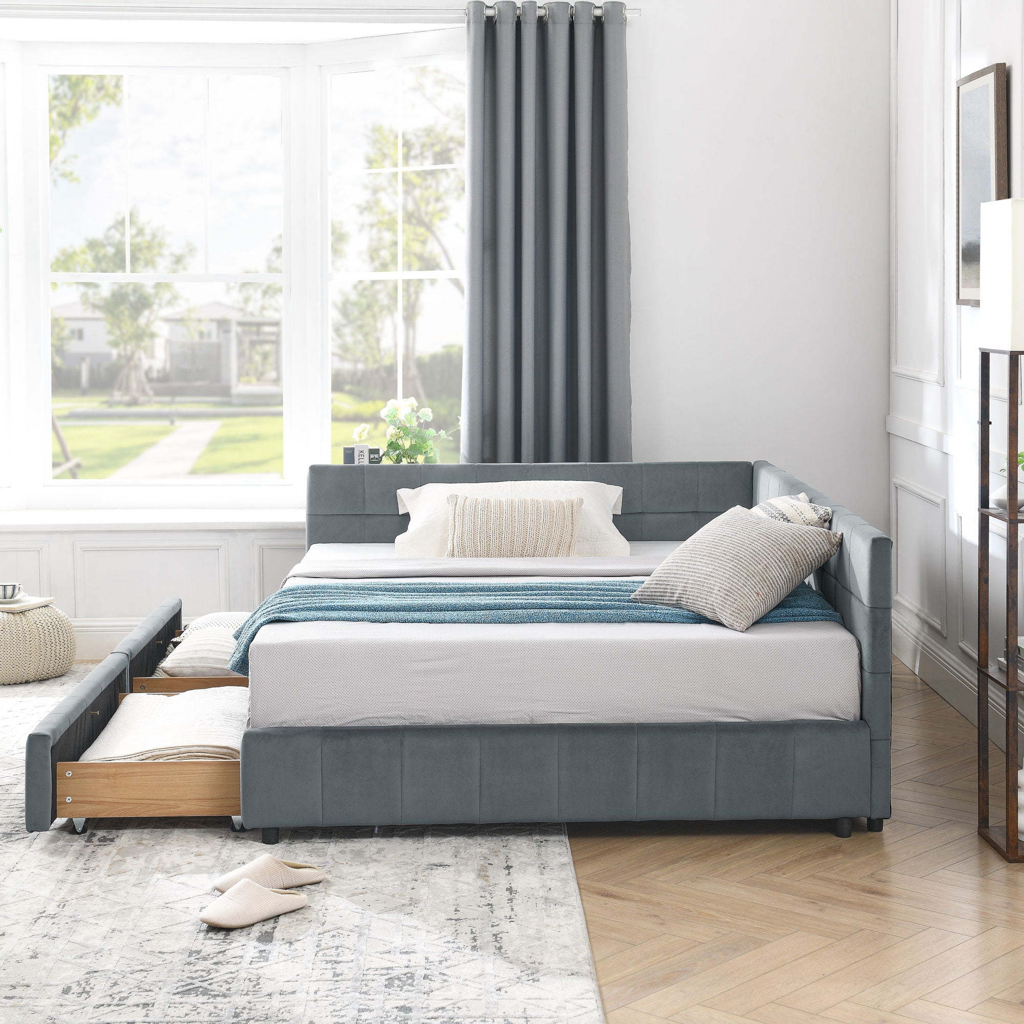 Mid-Century Storage Upholstered Tufted Bed Frame With Backrest And Armrests