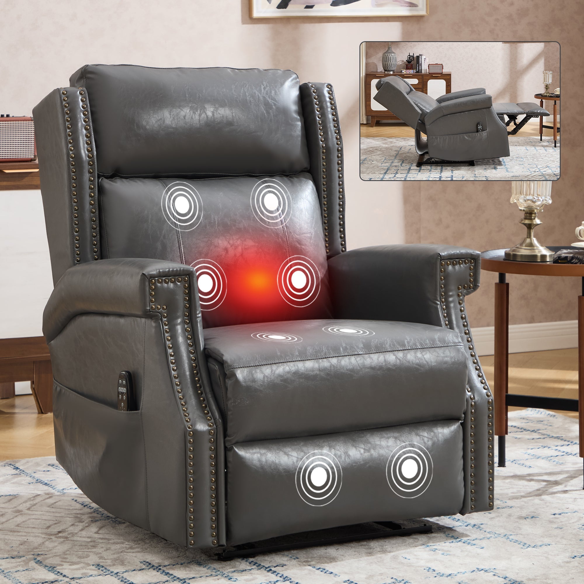 Recliner Chair Manual Faux Leather Gray Heat Massage 155 Degree 8 Nodes