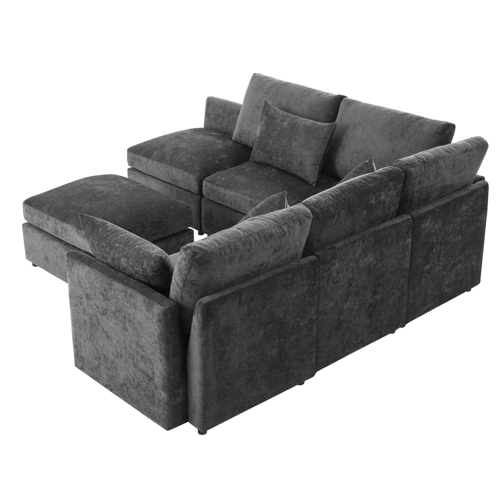 Sectional Sofa U-Shape Modular Chenille Black 5-Seat USB Ports 86.6x61.4 In