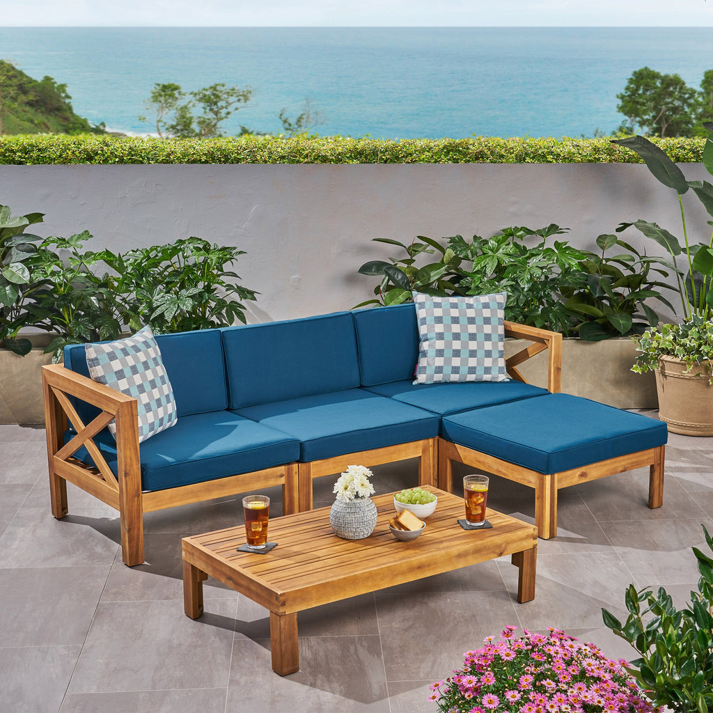 Outdoor Sectional Set Acacia Wood Teak Dark Blue Cushions 5 Piece Seats 4