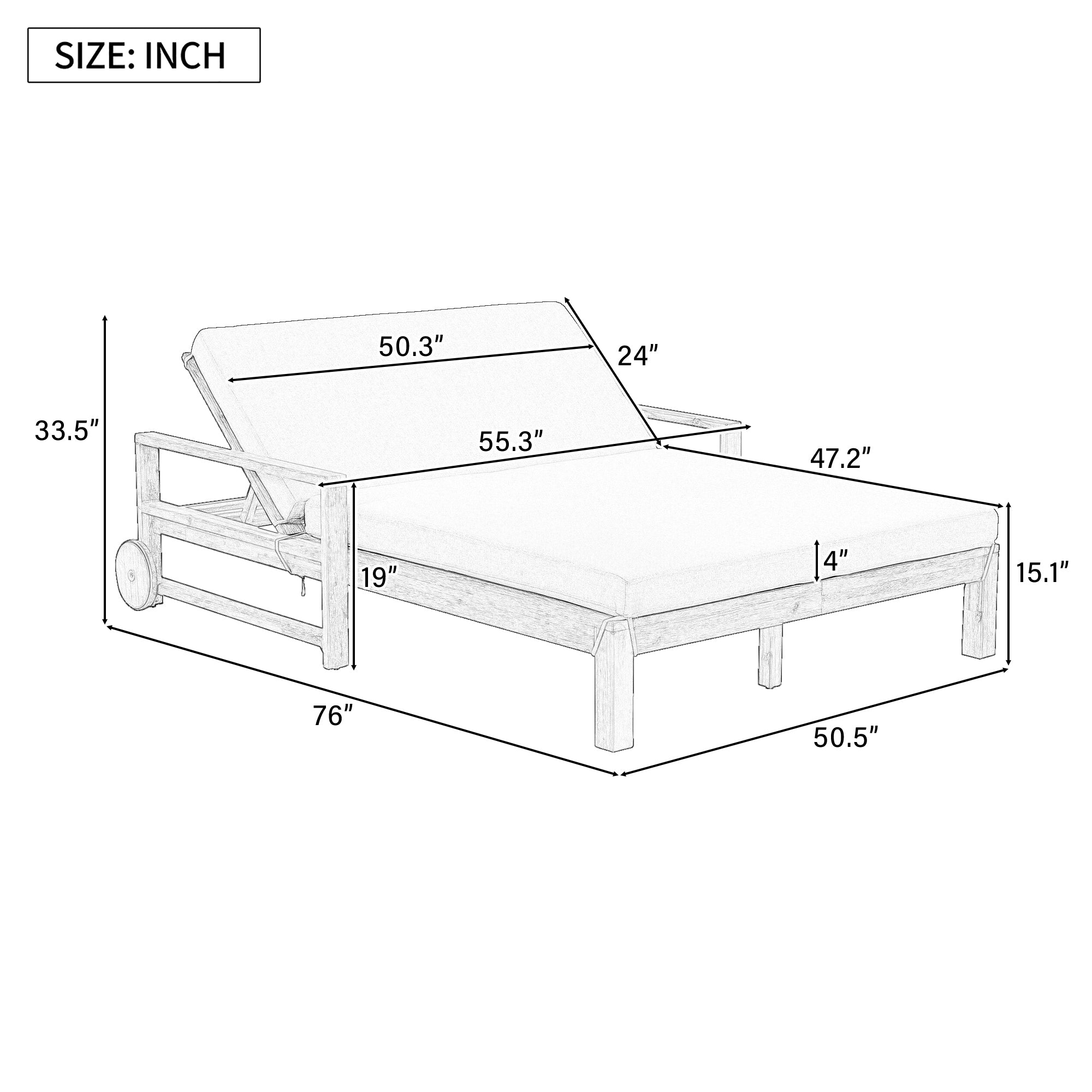 Outdoor Daybed Acacia Wood Farmhouse Gray with Wheels 2 Person