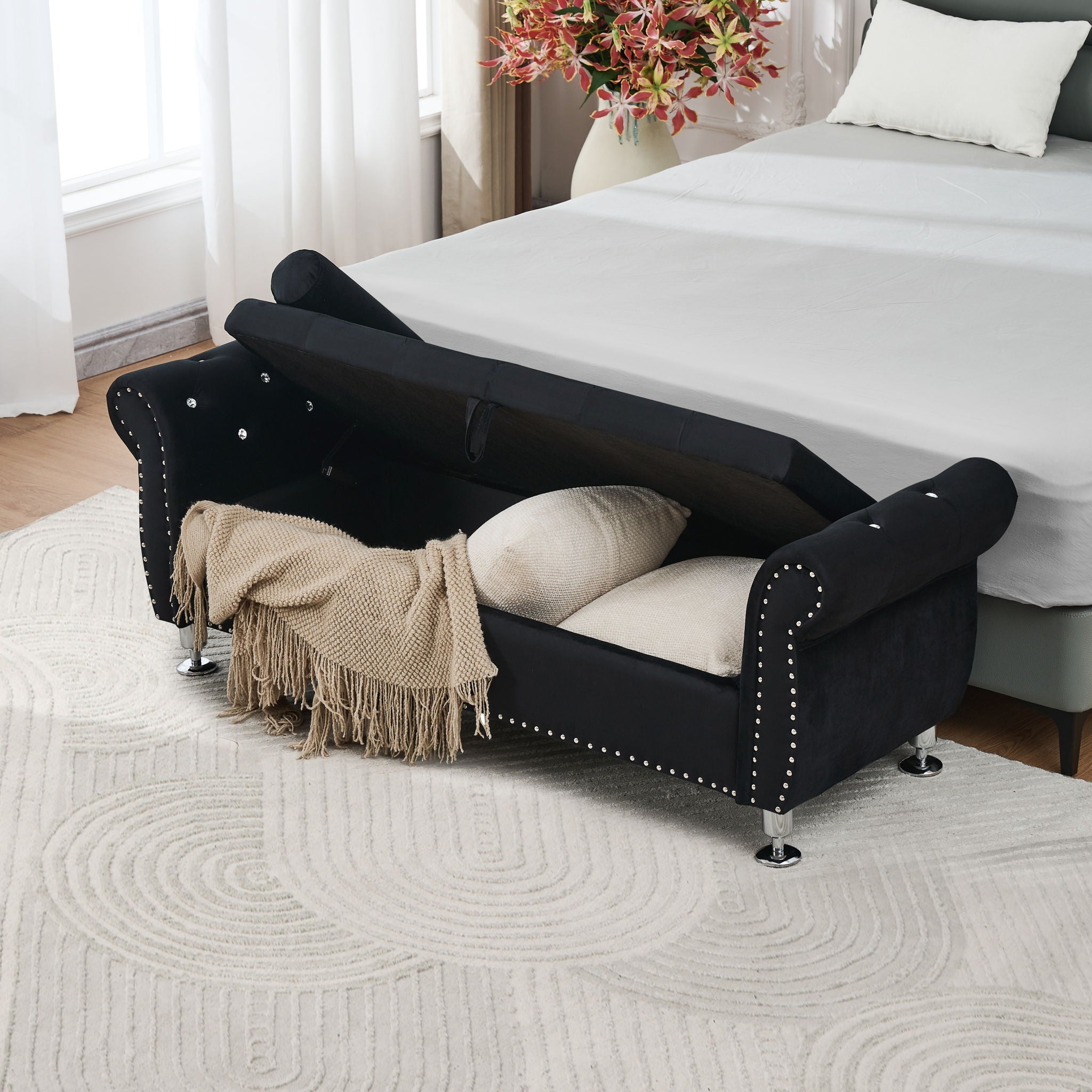 Storage Bench With Crystal Buttons And 1 Pillow For Bedroom