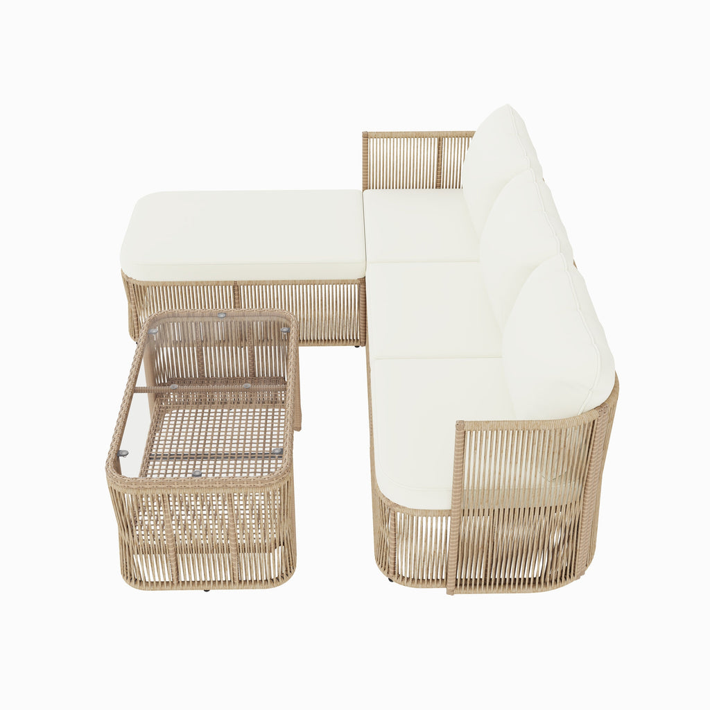 Outdoor Patio Set PE Rattan Iron Dark Beige Modular Glass Table