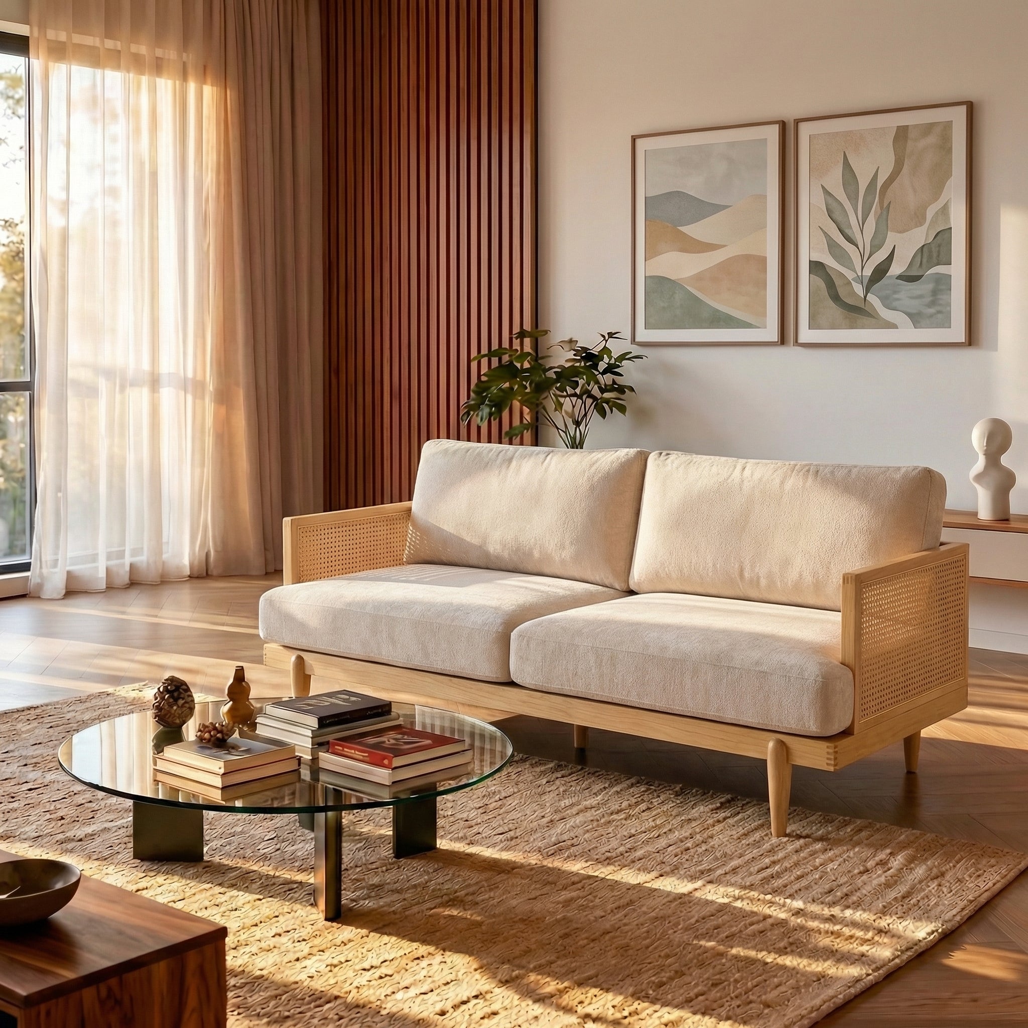 Emir 72" Square Arm 3-Seater Boucle Sofa with Cane Rattan and Wooden Frame