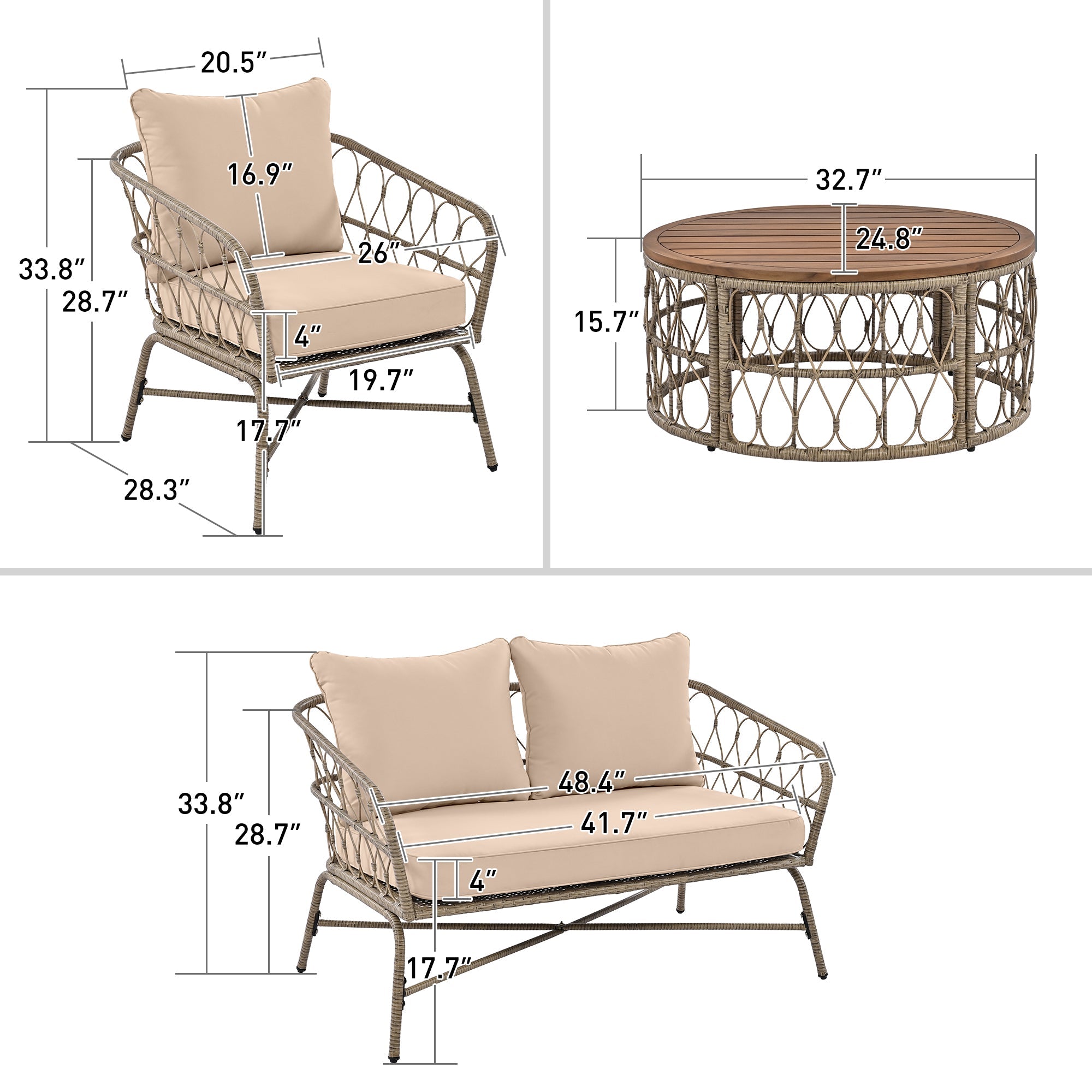 Outdoor Patio Set Wicker Boho Beige Cushion Oval Acacia Table 4 Piece