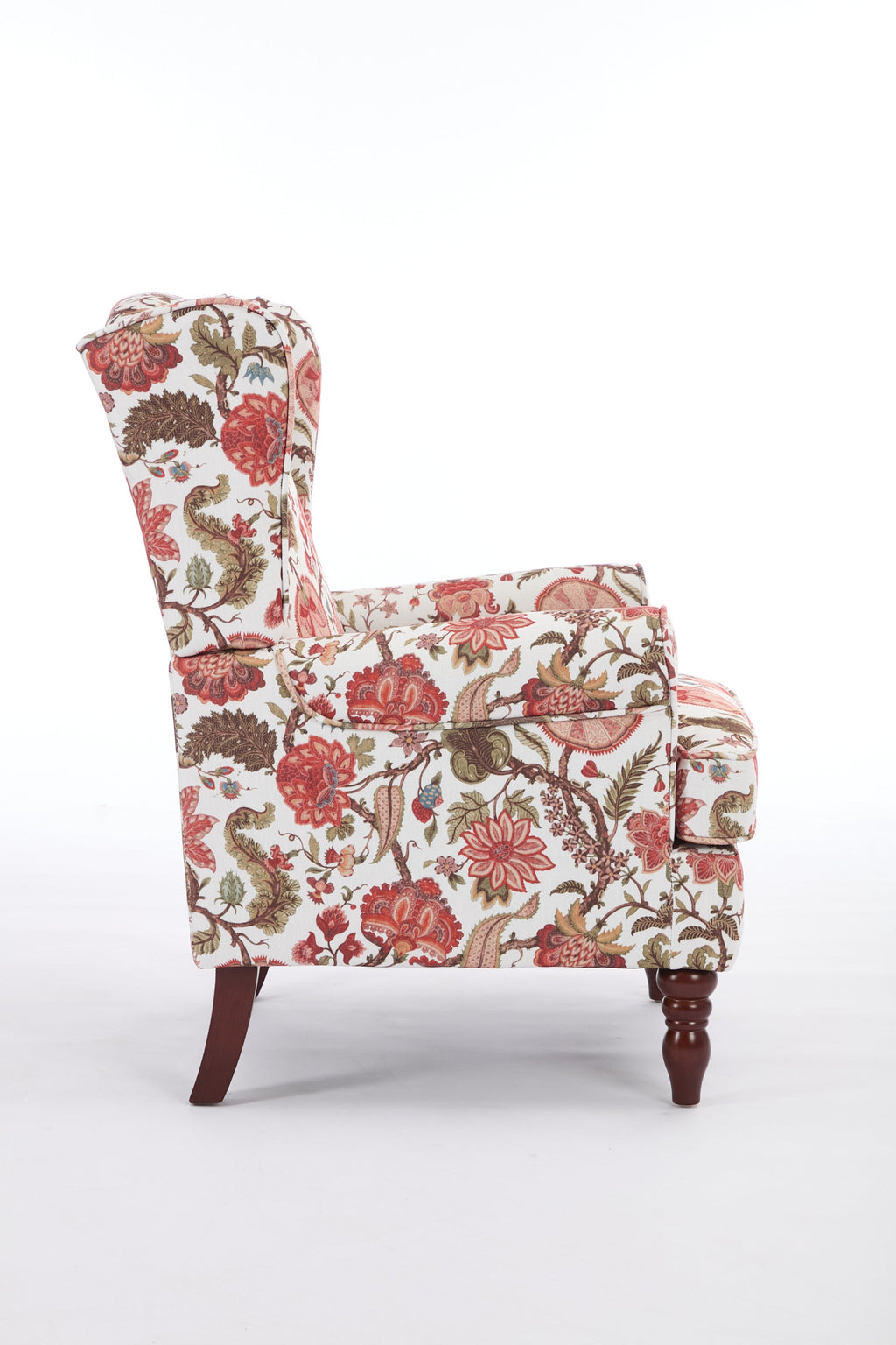 Accent Chair Wingback Linen Floral Red Pine Legs 28x30x38 In