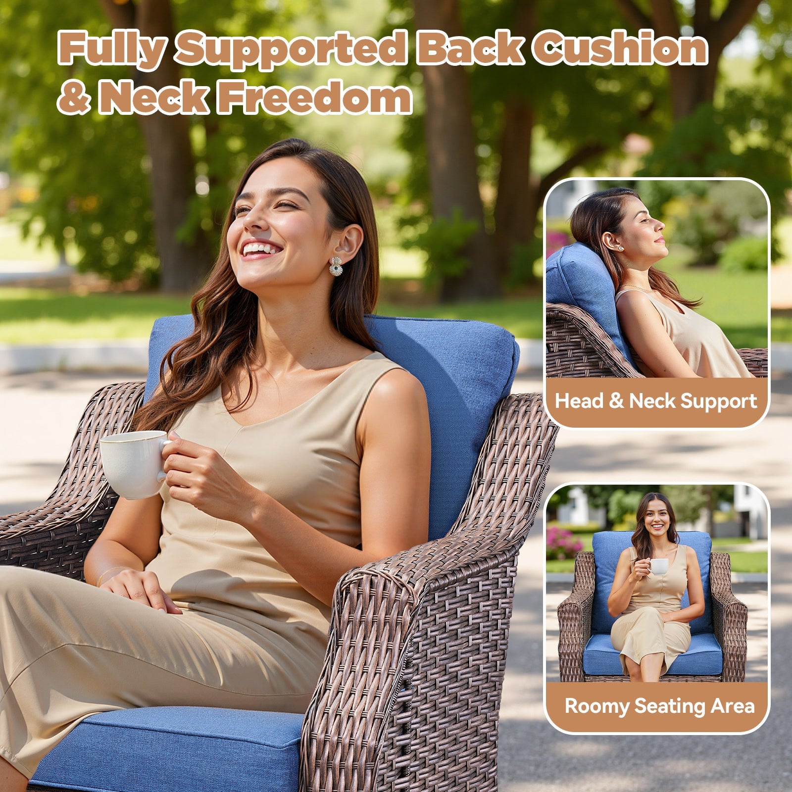 Outdoor Patio Wicker Swivel Rocker 3 Piece Set Blue