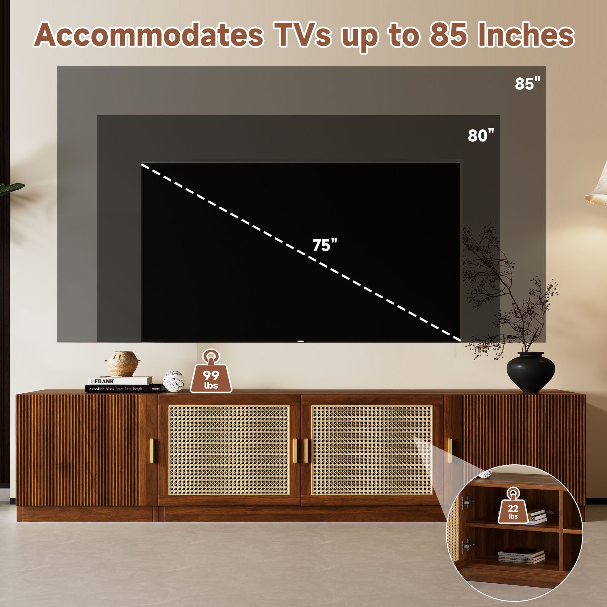 TV Stand, Media Console With Adjustable Shelves - Walnut