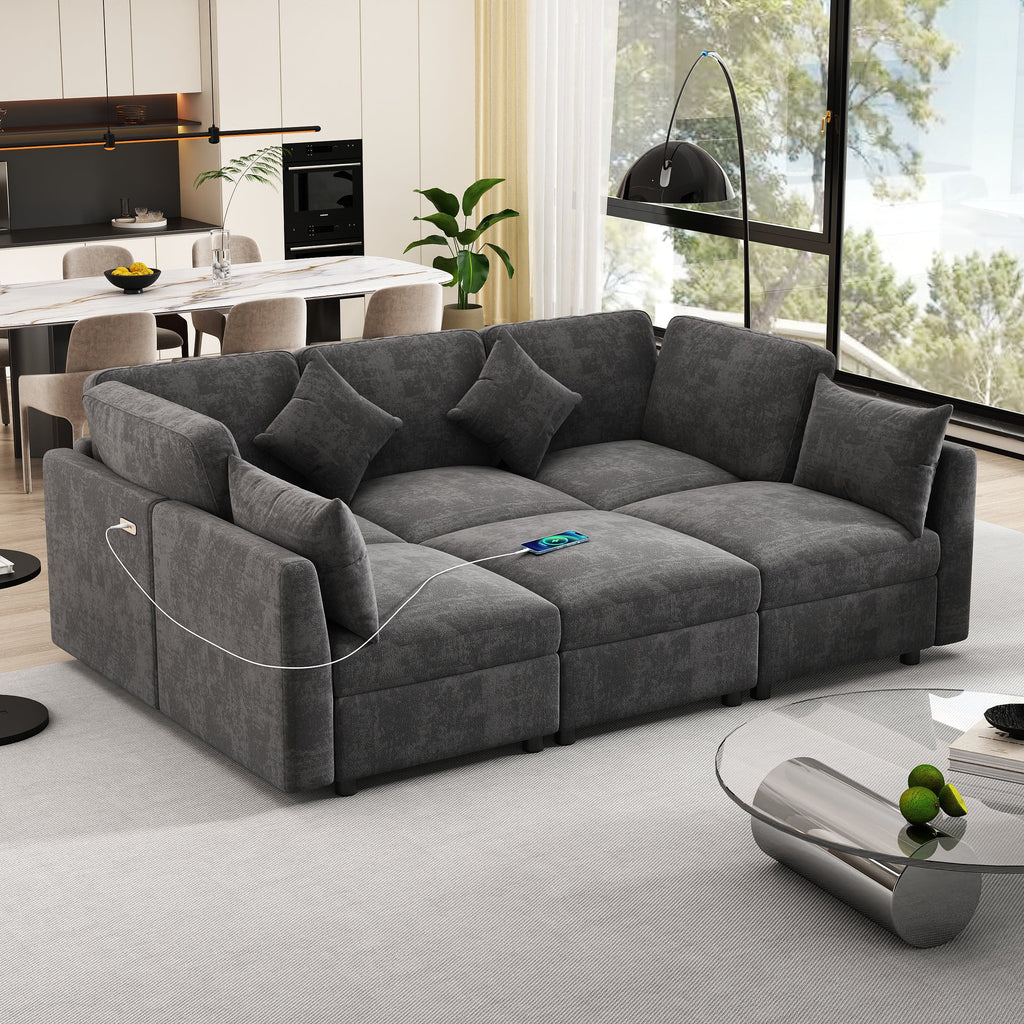 Sectional Sofa U-Shape Modular Chenille Black 5-Seat USB Ports 86.6x61.4 In