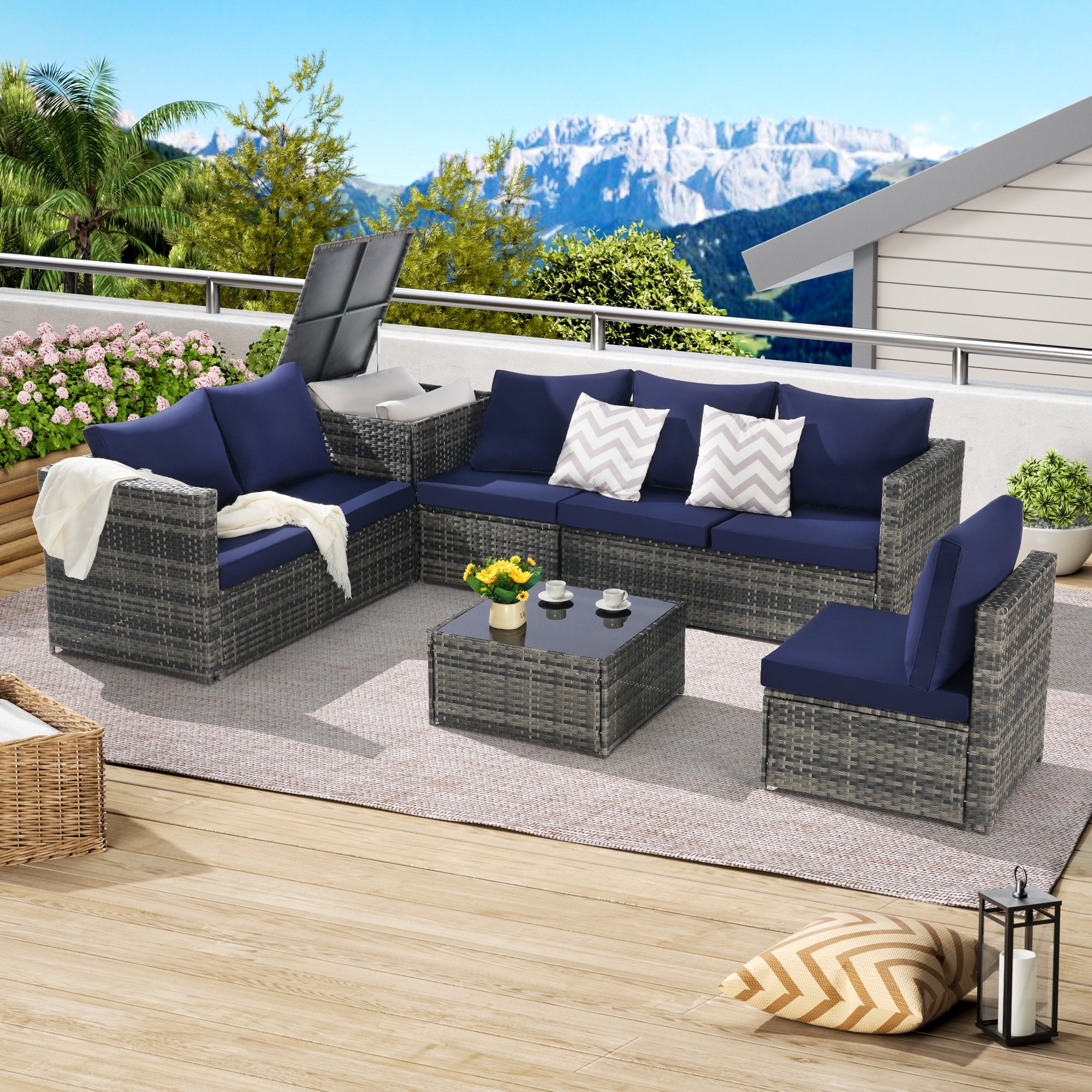 Outdoor Sectional Set PE Rattan Steel Dark Blue L-Shape 6 Piece Seats 8