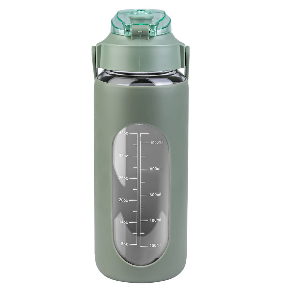 34Oz Glass Water Bottle Sports Water Bottle Motivational Water Bottle Water Intake Tracker Bottle with Straw Time Marker Silicone Sleeve Handle for Gy