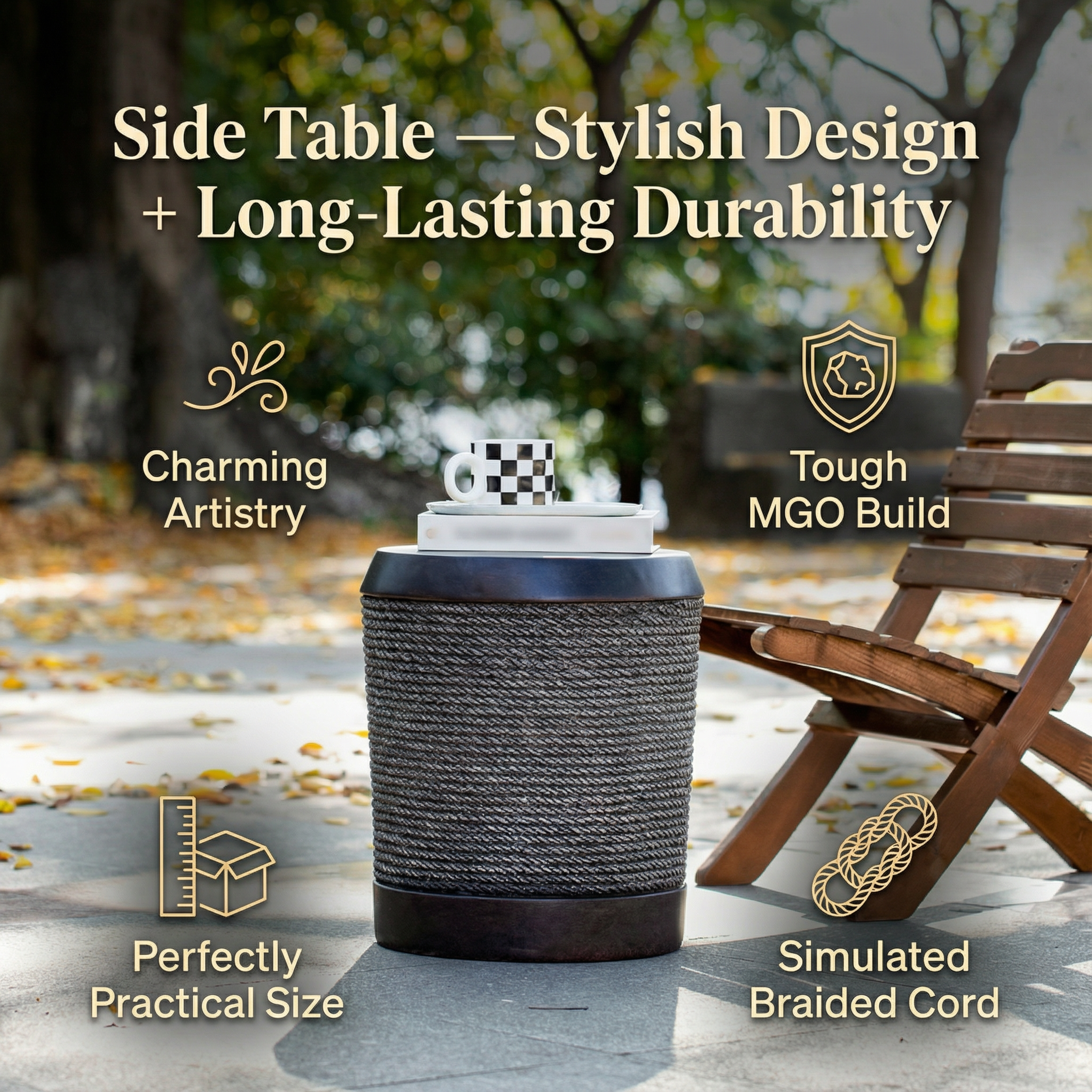 Outdoor Side Table MGO Braided Cord Cylinder Dark Brown 15.75x18in