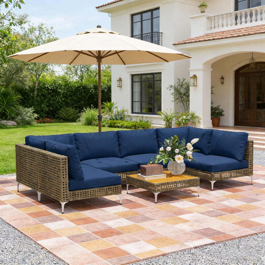 Outdoor Sectional Set Wicker Steel Acacia Wood Brown 7 Piece 352 LB