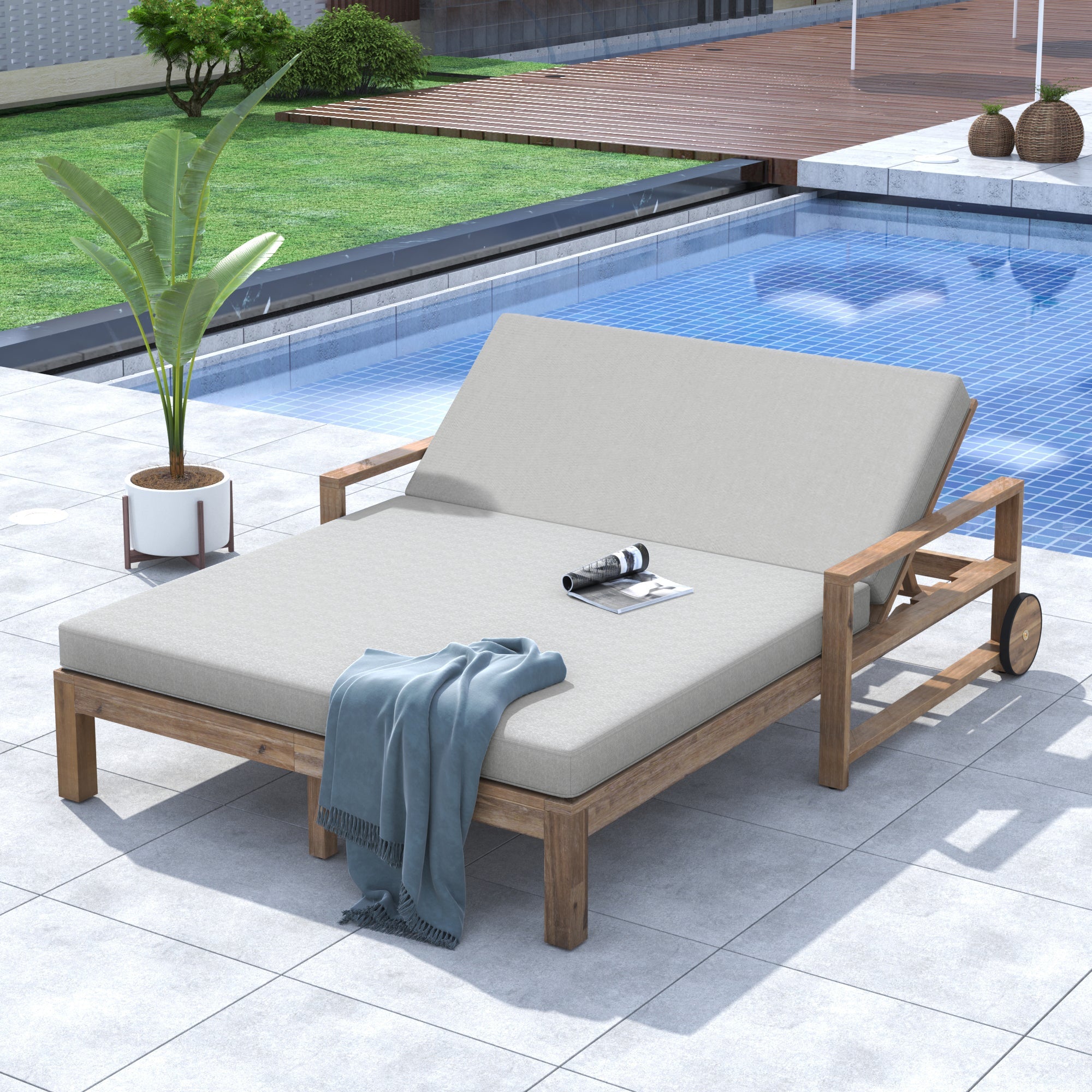 Outdoor Daybed Acacia Wood Farmhouse Gray with Wheels 2 Person