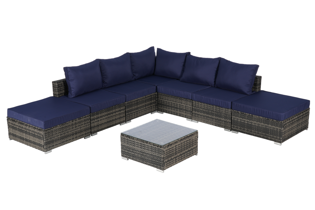 Outdoor Sectional Set PE Rattan Steel Dark Blue 8 Piece Seats 8 380 LB