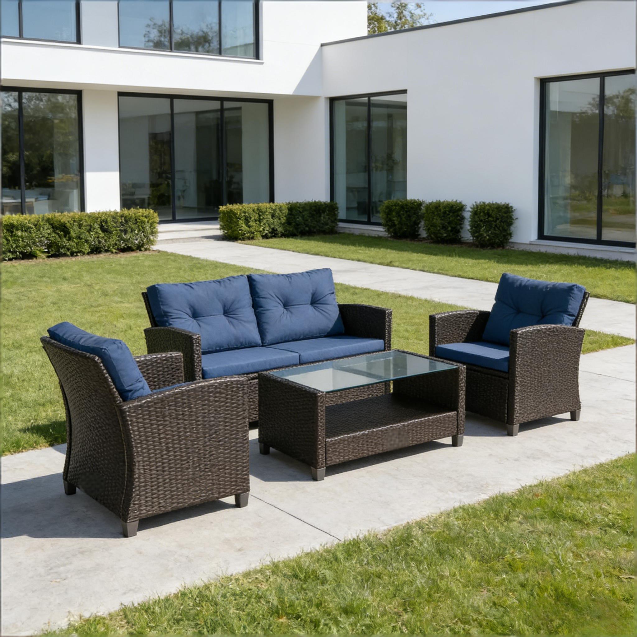 Outdoor Sectional Set PE Wicker Steel Coffee Blue Cushion 4 Piece Seats 4