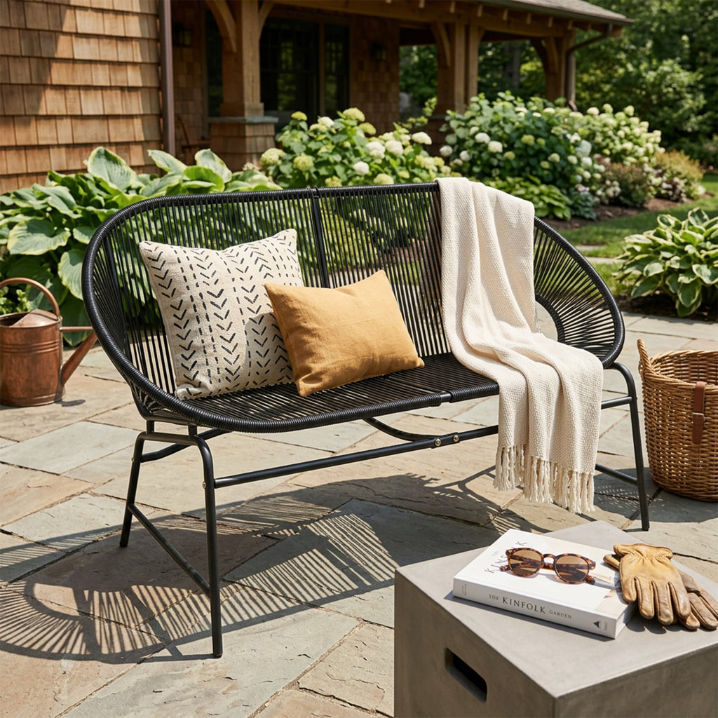 Outdoor Loveseat PE Rattan Iron Black UV Resistant No Cushion 52in