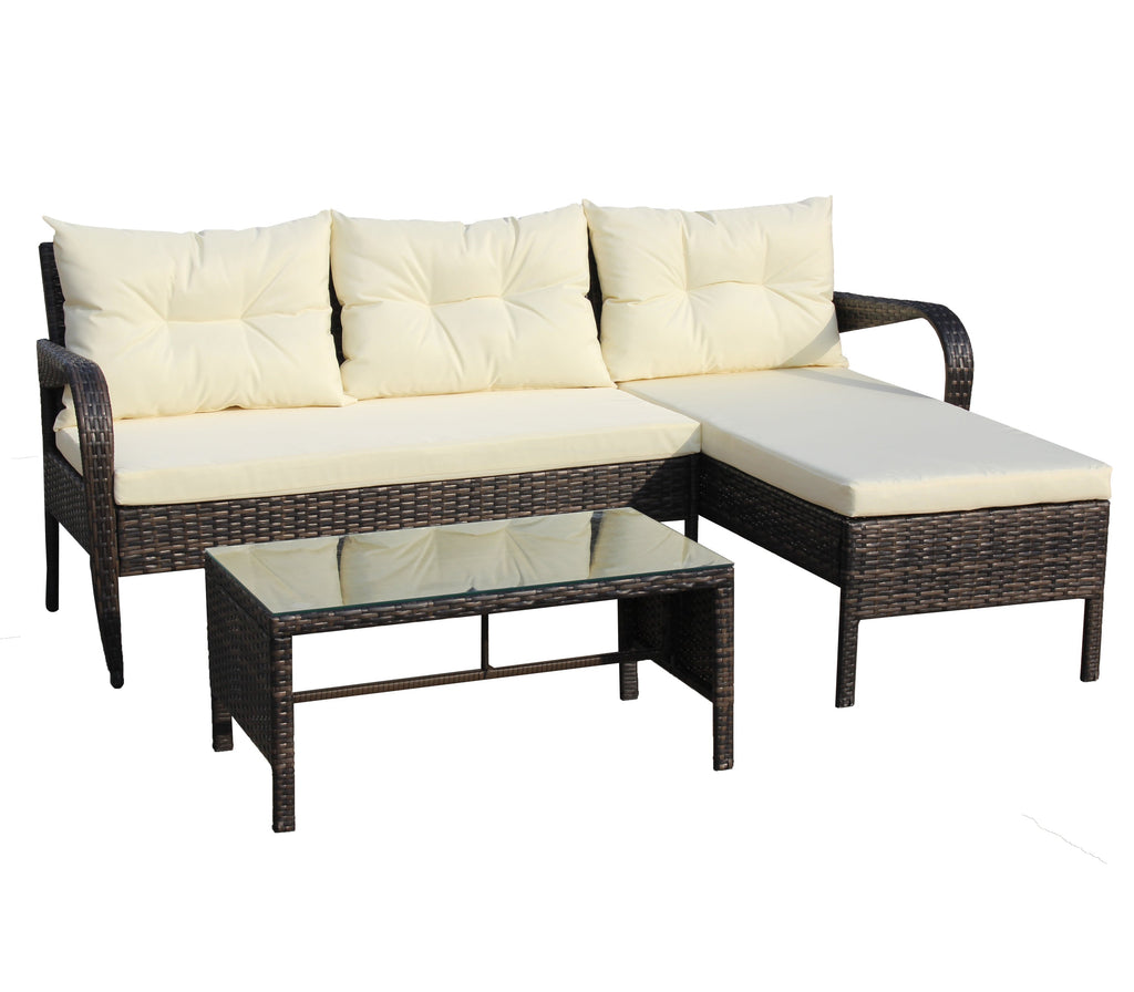 Outdoor Sectional Set PE Rattan Steel Brown Beige Cushion 3 Piece 560 LB