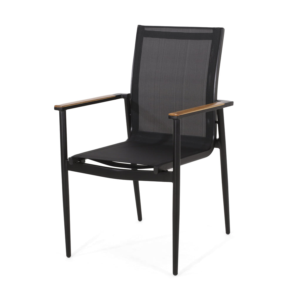 Dining Chair Outdoor Aluminum Mesh Black Natural Faux Wood Accent 22x25x36 In