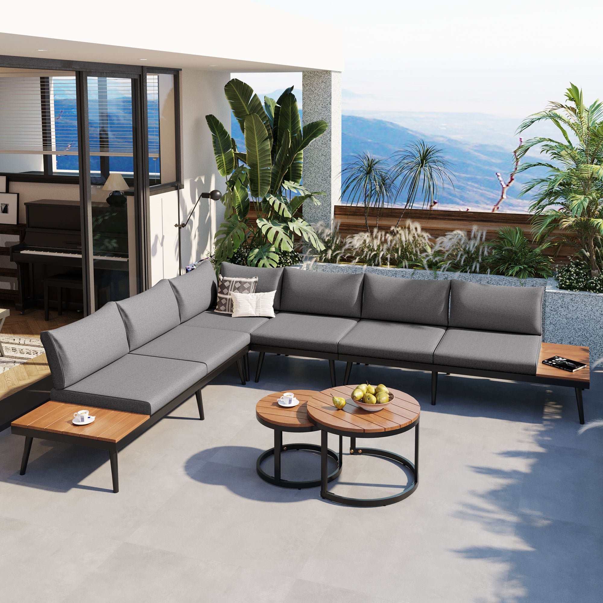 Outdoor Sectional Set Acacia Wood Steel Gray with Nesting Tables