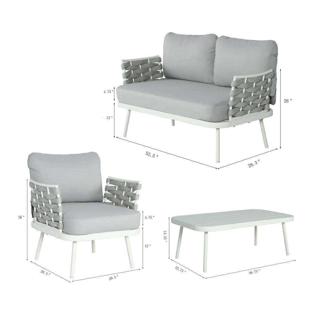Outdoor Sofa Set Steel Rope Off White Gray Cushion 4 Piece Seats 4