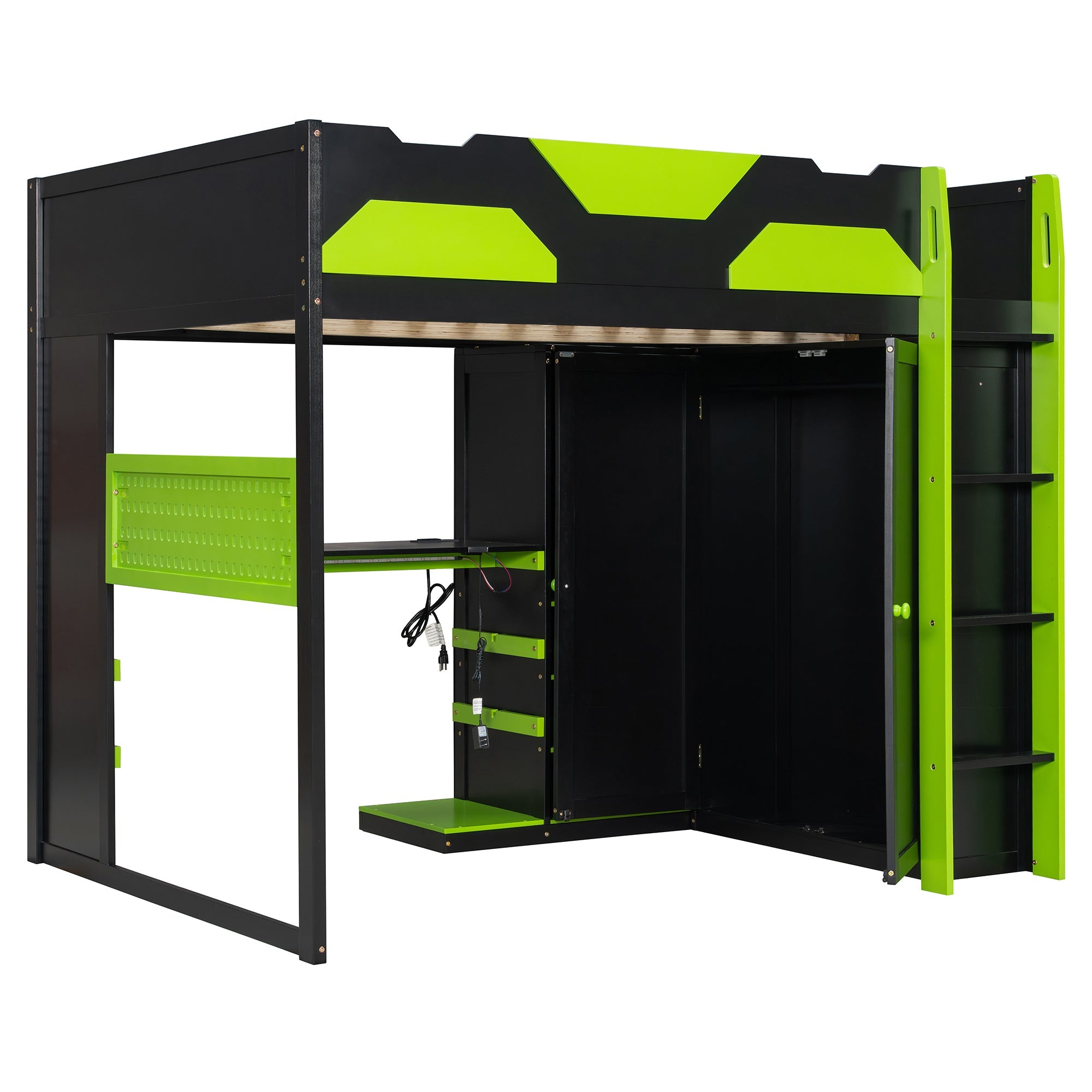 Full Size Wood Loft Bed with Desk, Multi-storage Shelves,USB and RGB Light,Green
