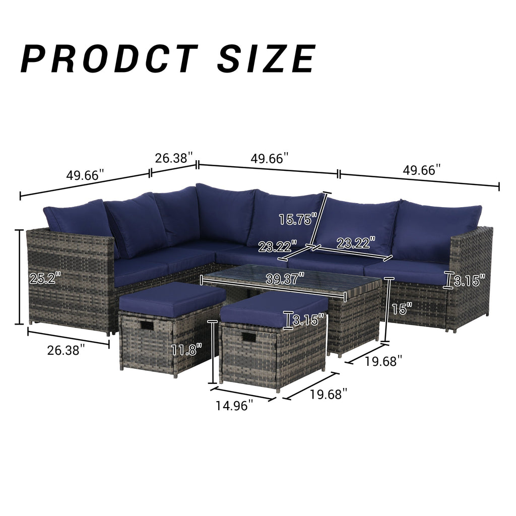 Outdoor Patio Rattan Set 6 Piece Seats 8 Dark Blue