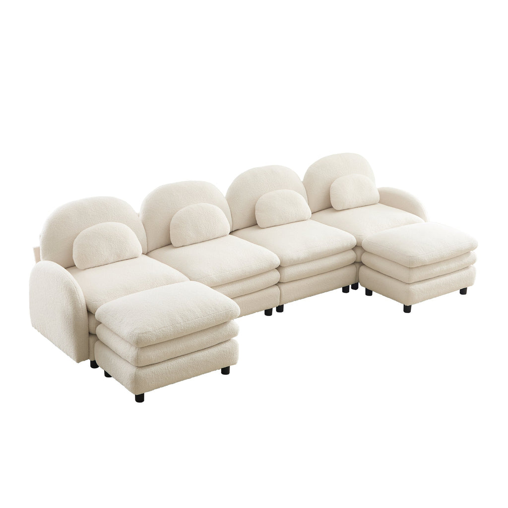 Sectional Sofa Modular Teddy Fleece Beige 4 Seat Curved Back with Ottomans