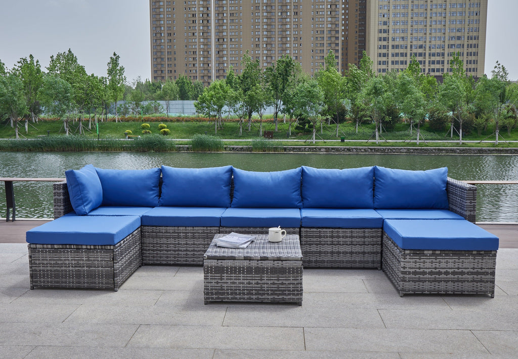 Outdoor Patio Sofa Set PE Rattan Blue Gray All Weather Steel Frame