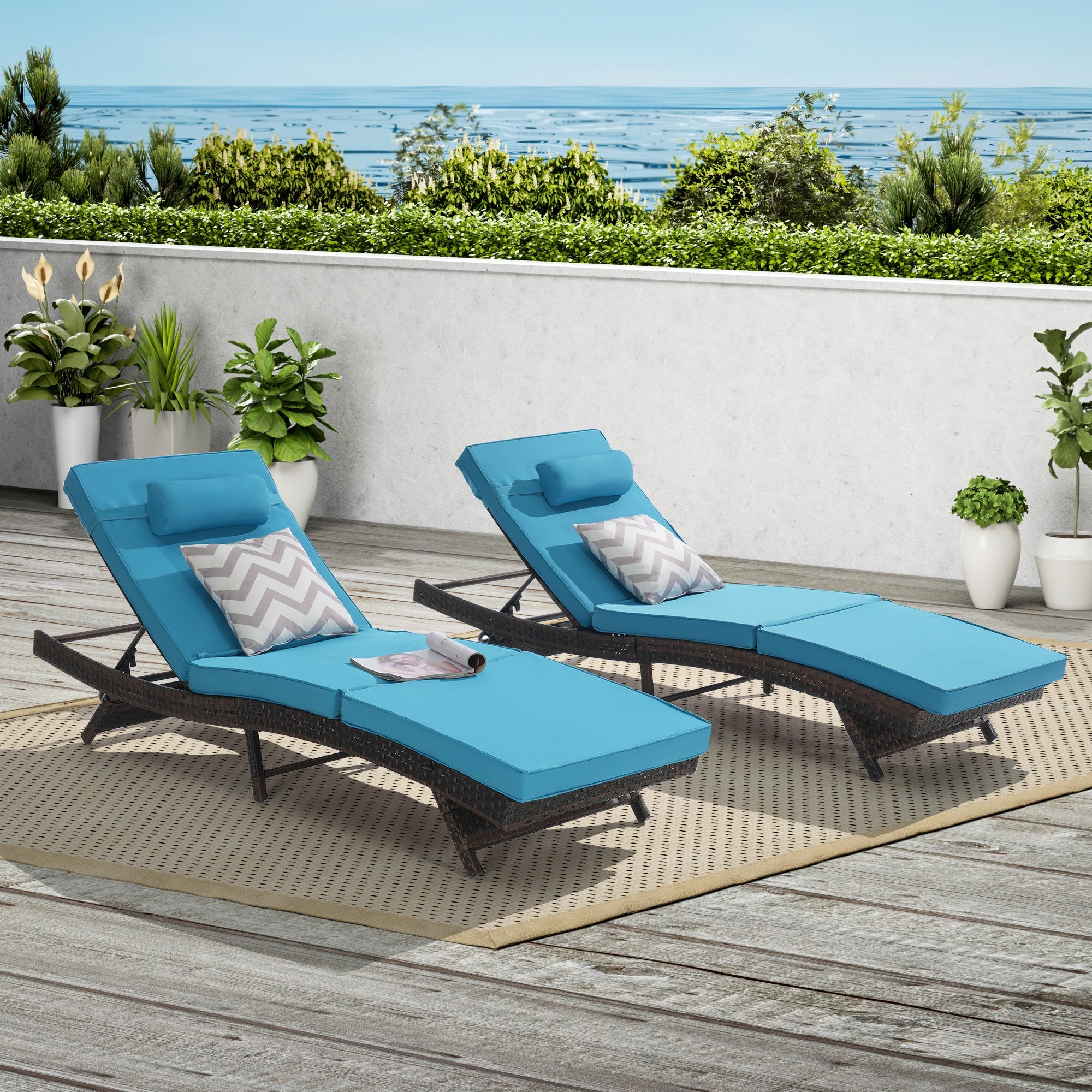 Outdoor Reclining Lounge Chair PE Rattan Light Blue Set of 2