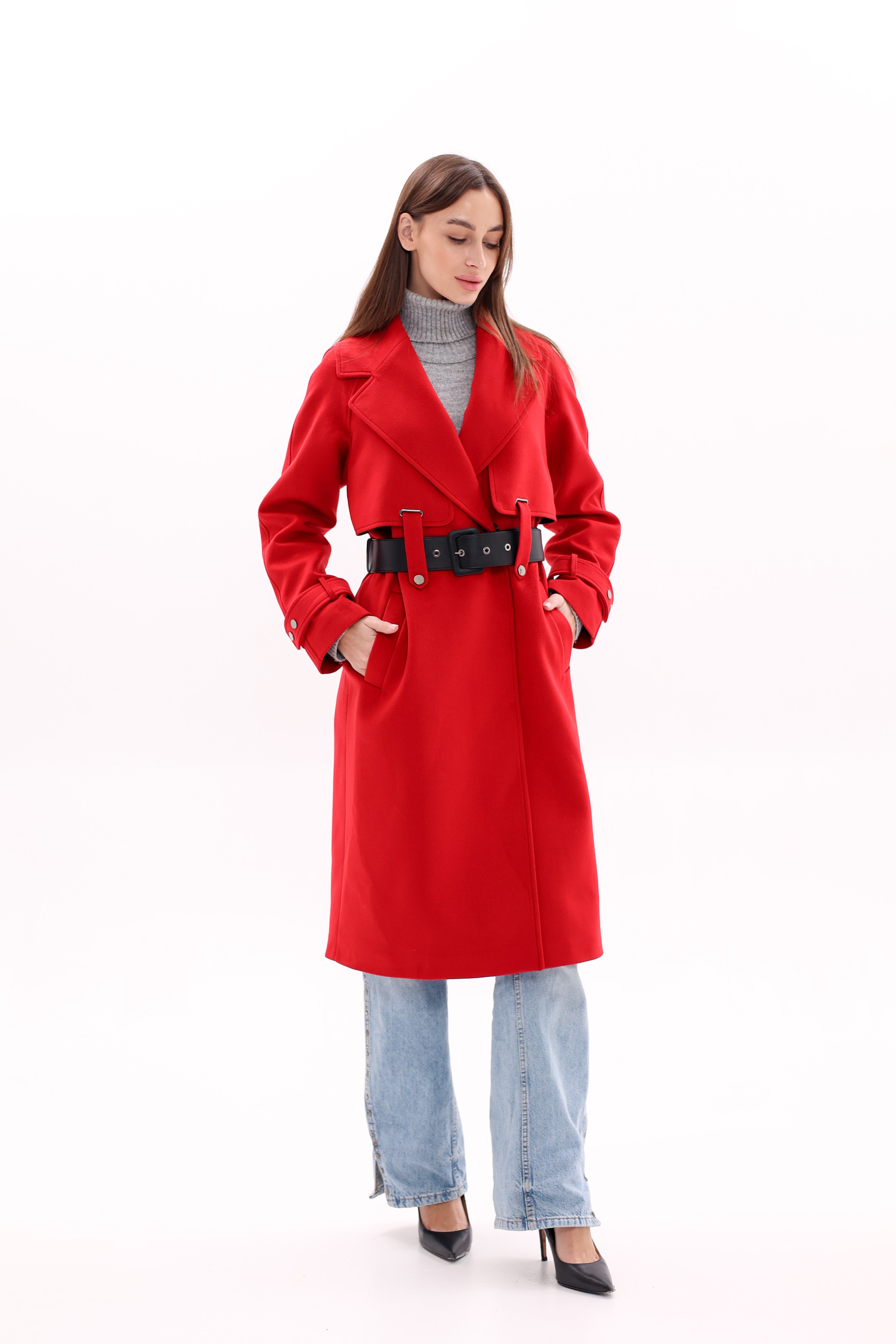 Karina Belted Wool Cashmere Blend Overcoat in Ruby