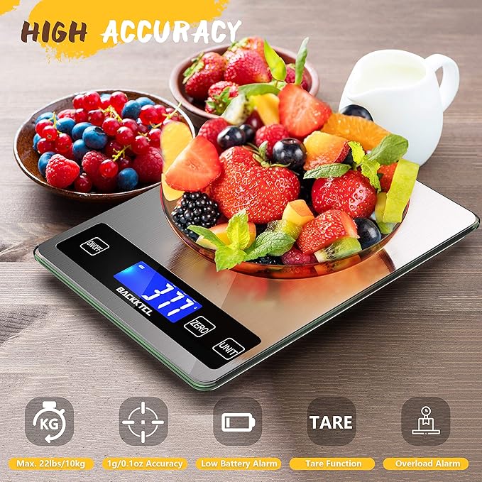 ''Cooking Master' 22lb Digital Kitchen Scale,Food Scale Measures in Grams and Ounces for Weight Cooking Baking,1g/0.1oz Precise Graduation,Stainless Steel and Tempered Glass