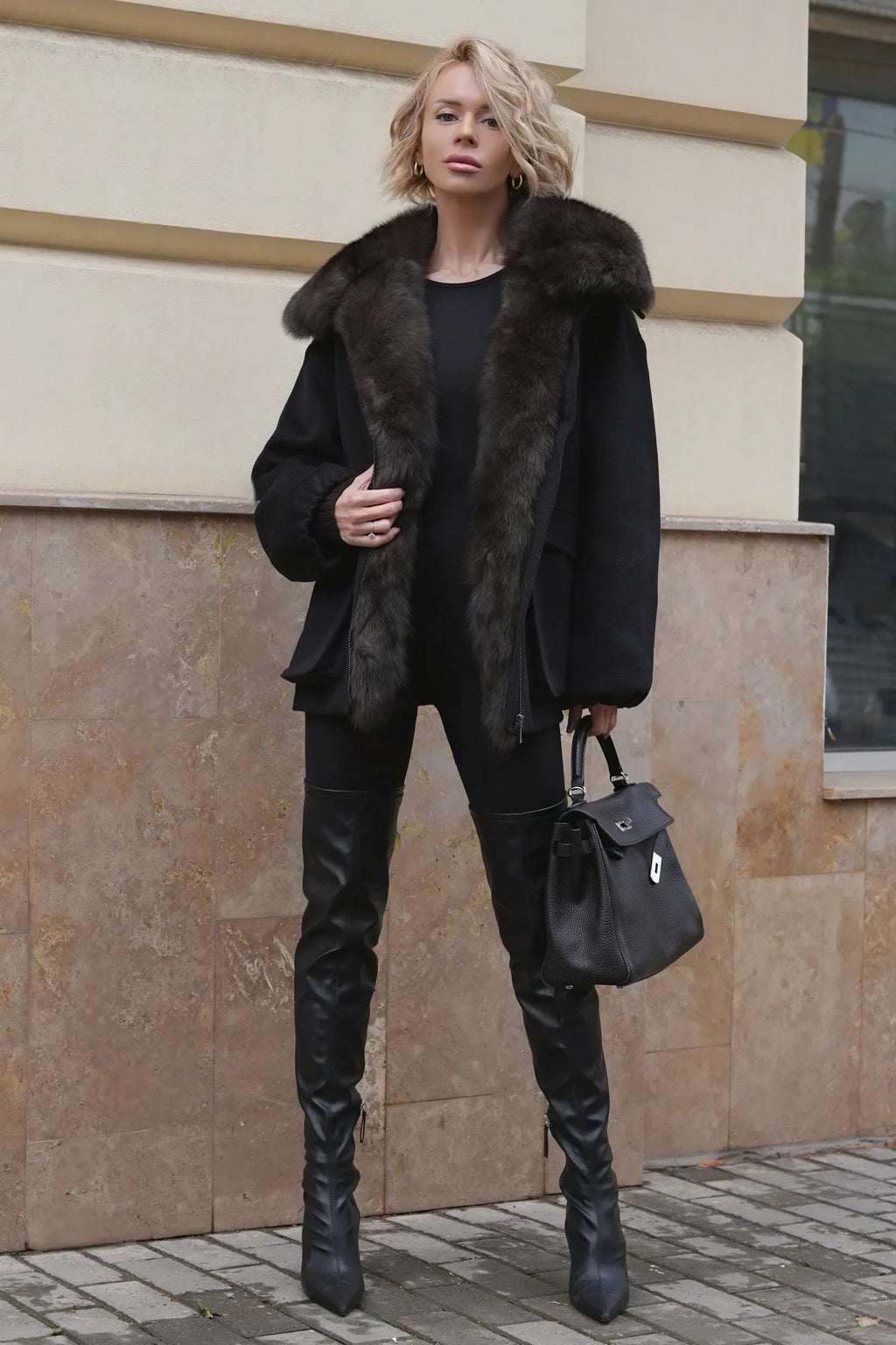 Rimini Genuine Fur Trim Wool Blend Parka in Black