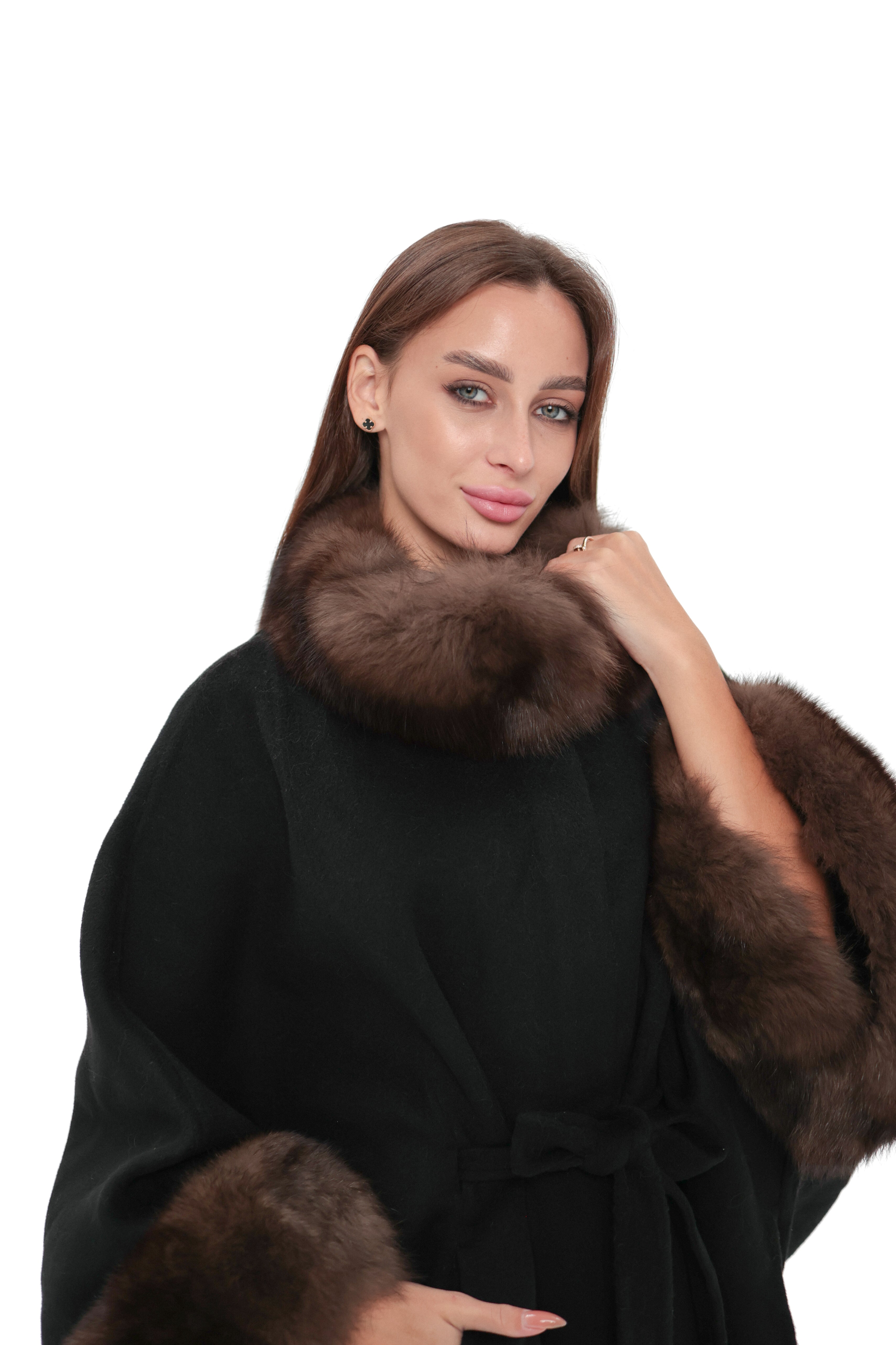 Genuine Polar Fox Fur Double Face Wool Poncho