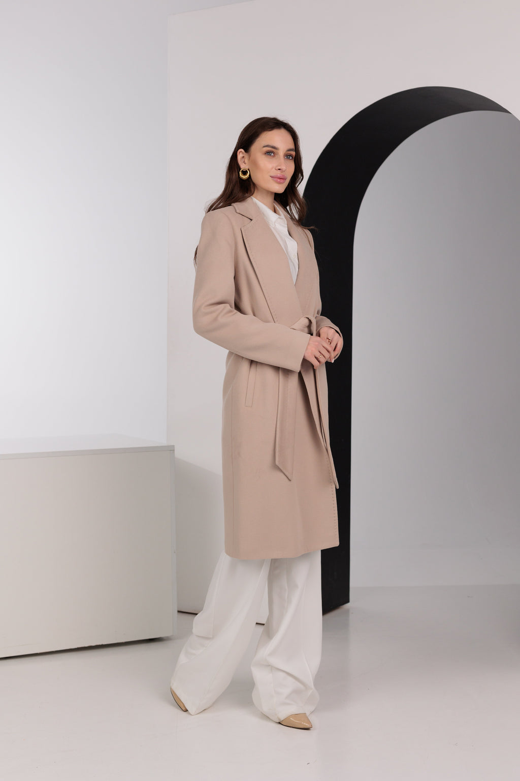 Geneva Classic Wraparound Wool Blend Overcoat in Beige
