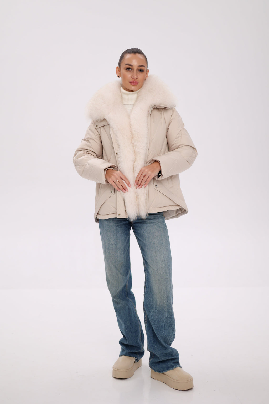 Genuine Polar Fox Fur Down Insulated Parka in Ivory
