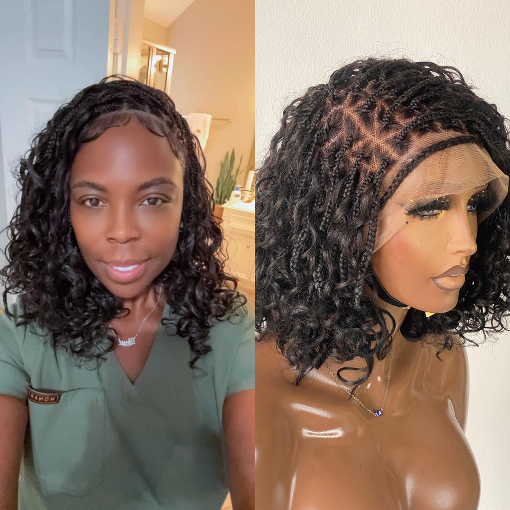 Bob Bohemian Knotless Wig (Human Hair Curls) HD Full Lace, Black Color Tara
