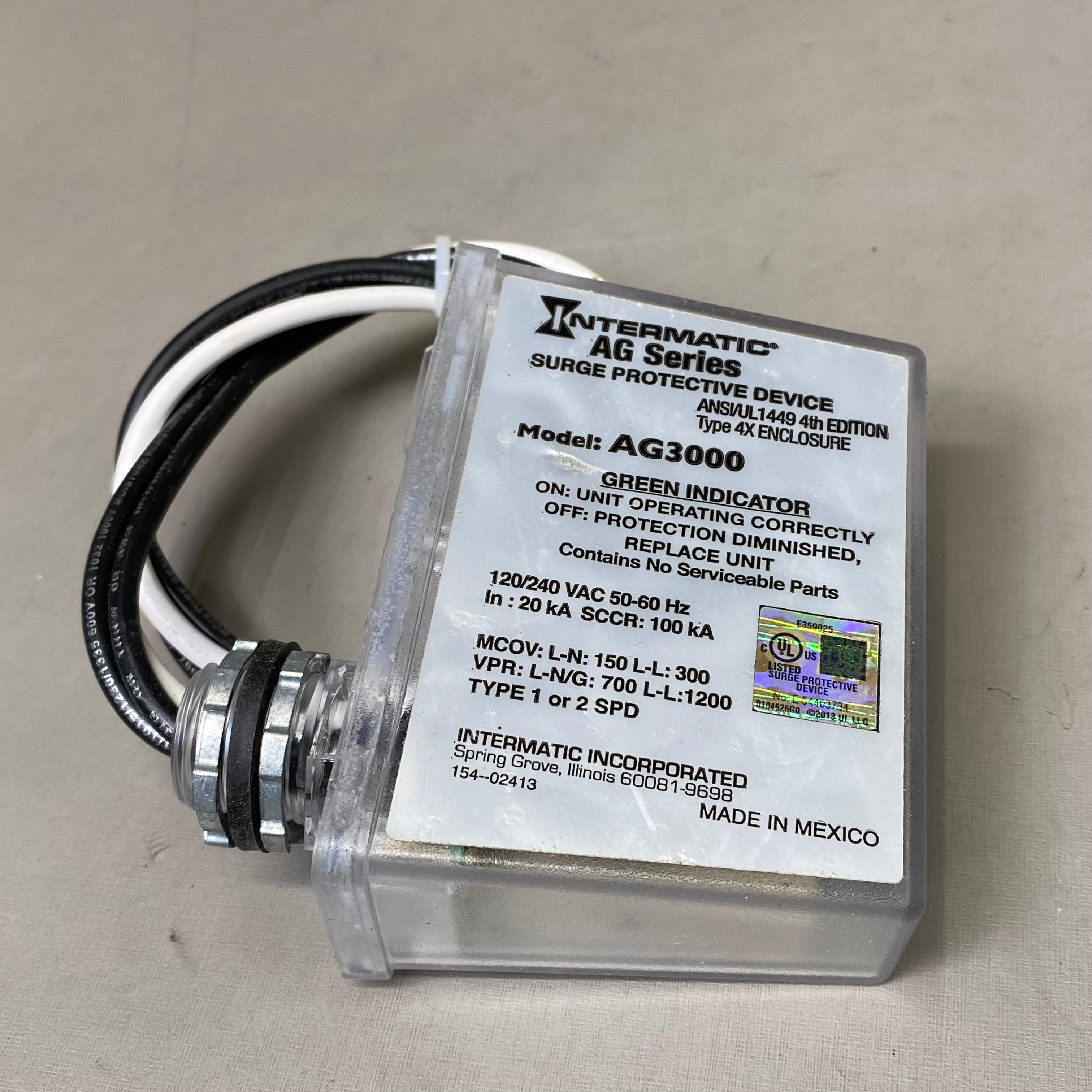 INTERMATIC 1 Phase Types 1 &2 SPD AG Series AC Surge Protector White 415-48999-05