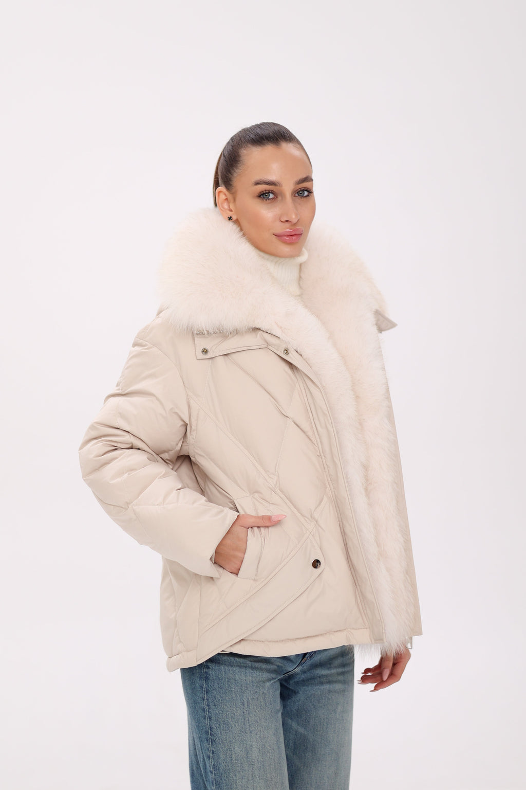 Genuine Polar Fox Fur Down Insulated Parka in Ivory