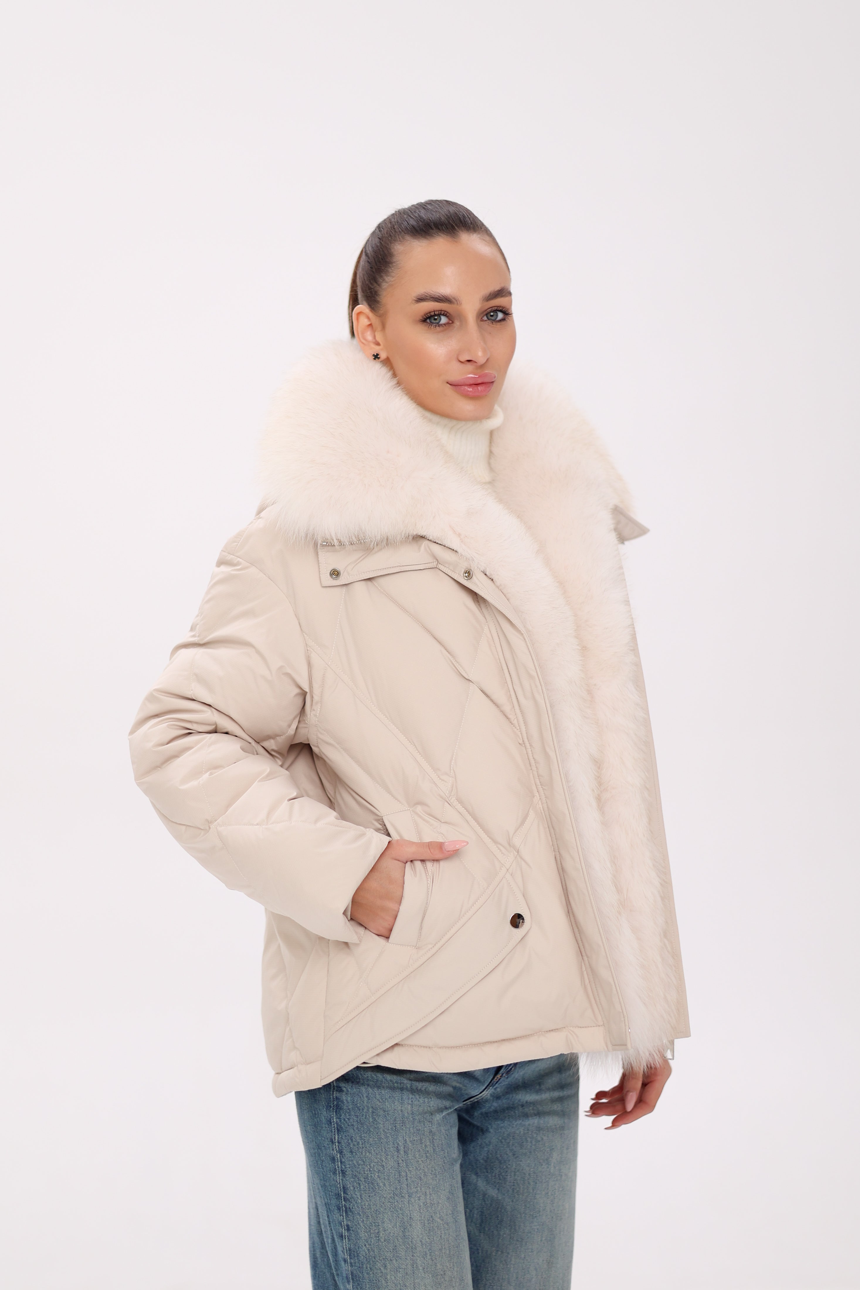 Genuine Polar Fox Fur Down Insulated Parka in Ivory
