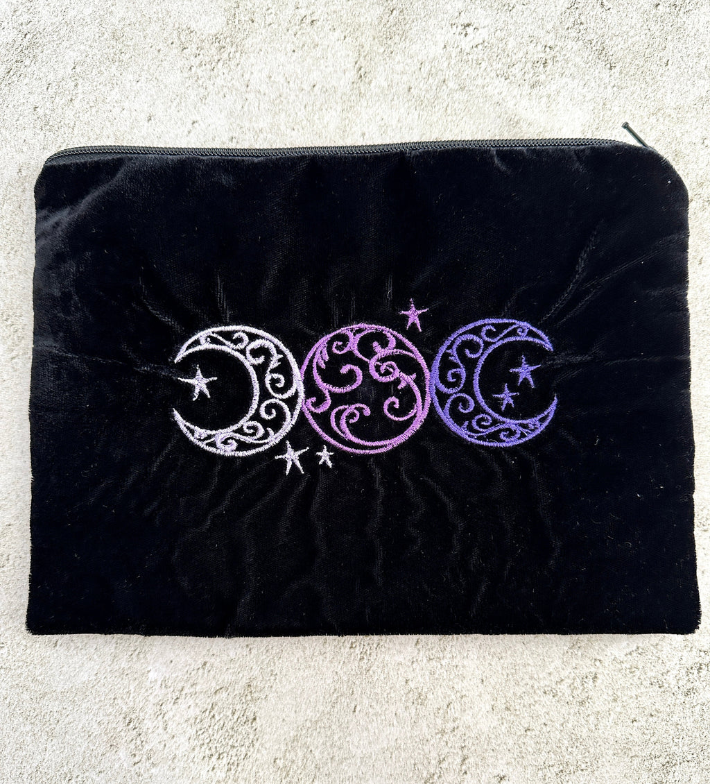 Witchy Triple Moon Embroidered Velvet Tarot Bag With Zipper & Satin Lining