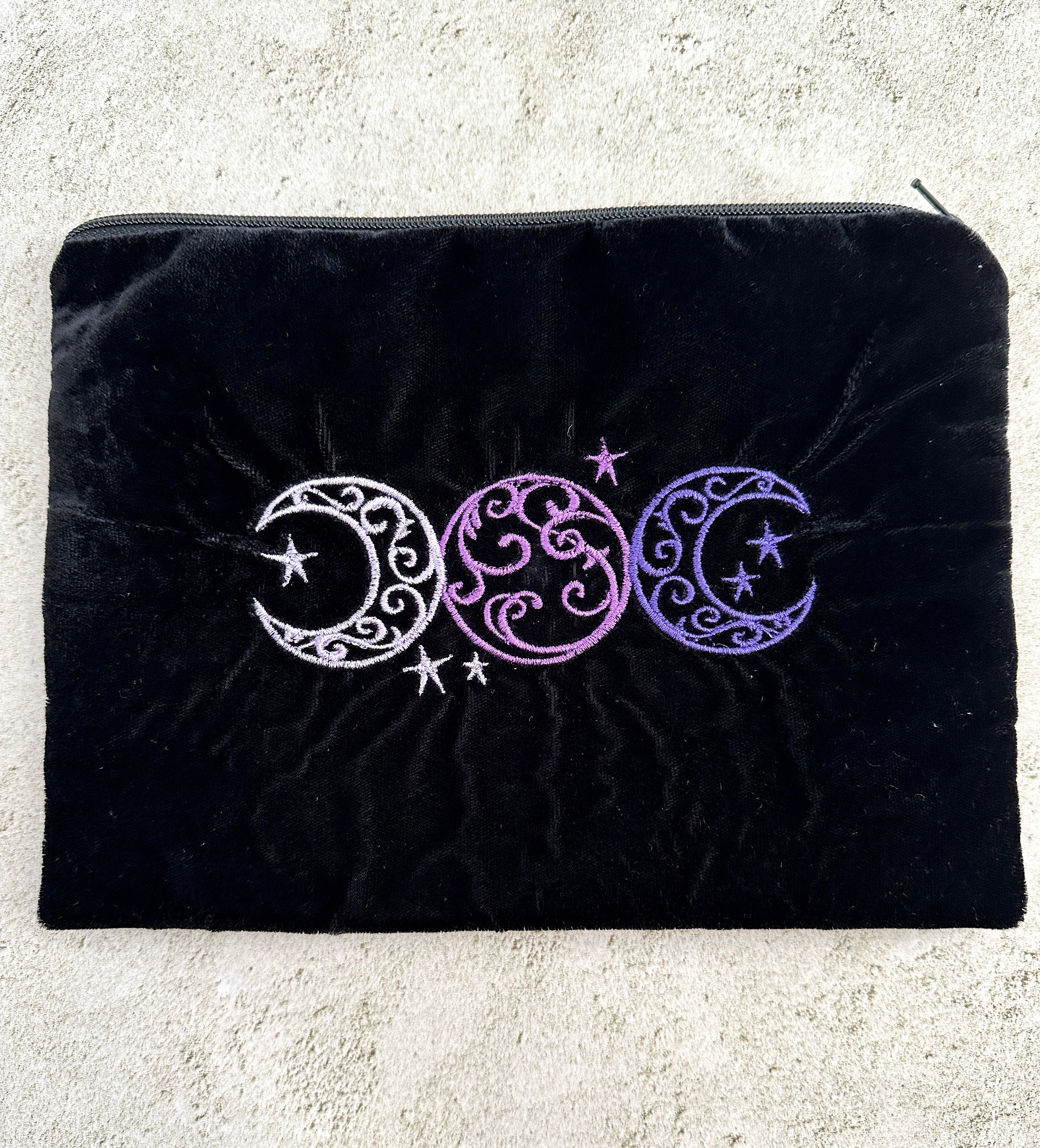Witchy Triple Moon Embroidered Velvet Tarot Bag With Zipper & Satin Lining