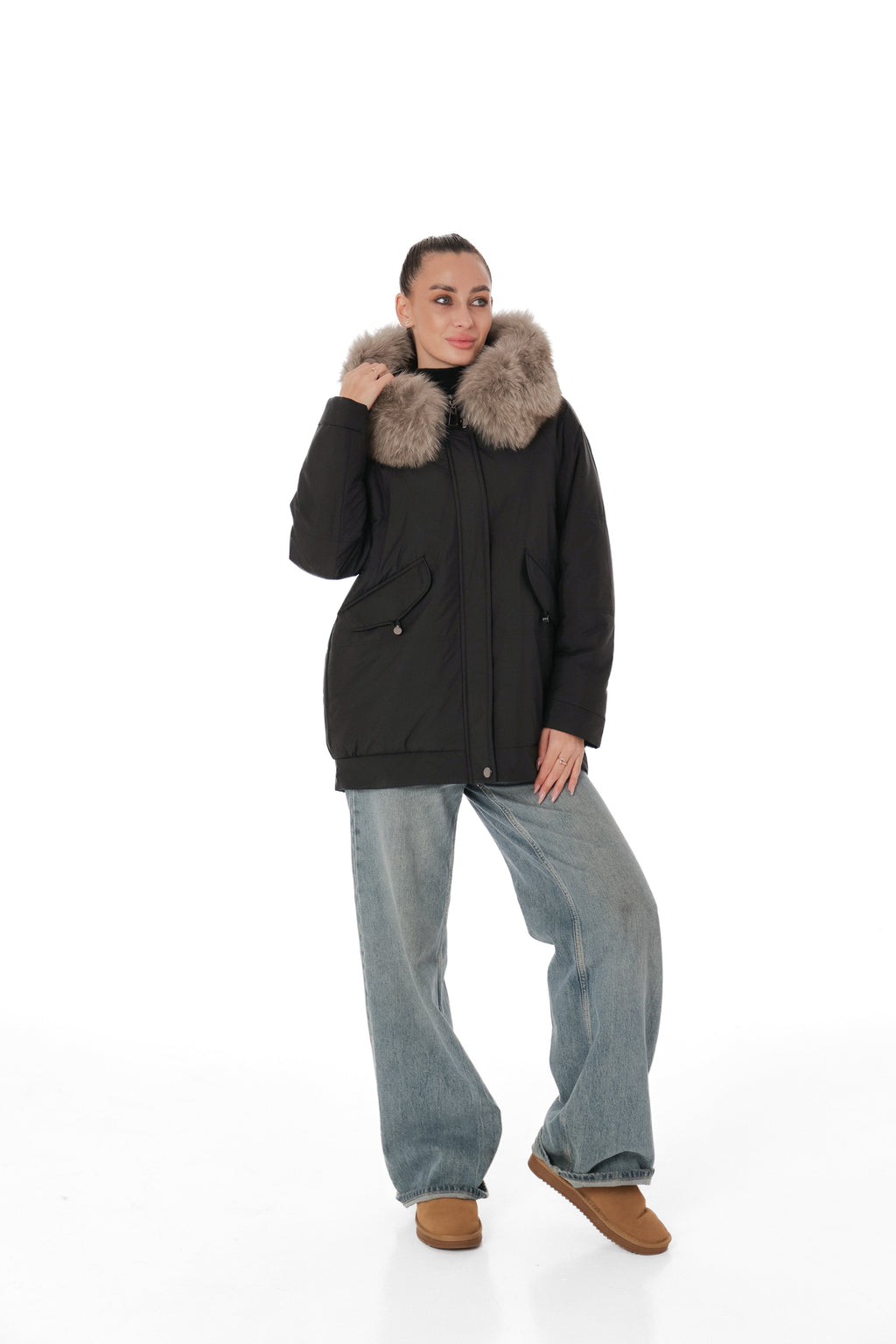 Genuine Polar Fox Camel Wool Blend Coat