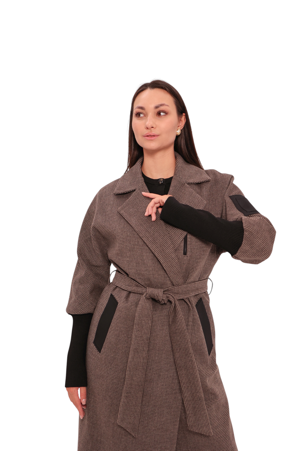 Miru Cashmere Wool Blend Overcoat in Beige Houndstooth