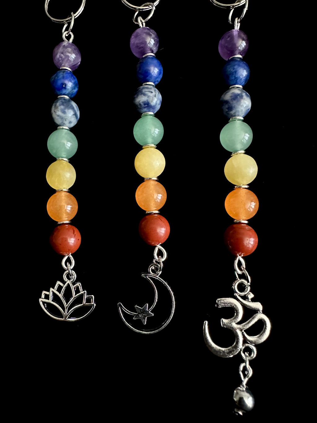 7 Chakra Crystal Gemstone Bag Charm Keychain - Choose Silver Lotus, Moon, Om Charm