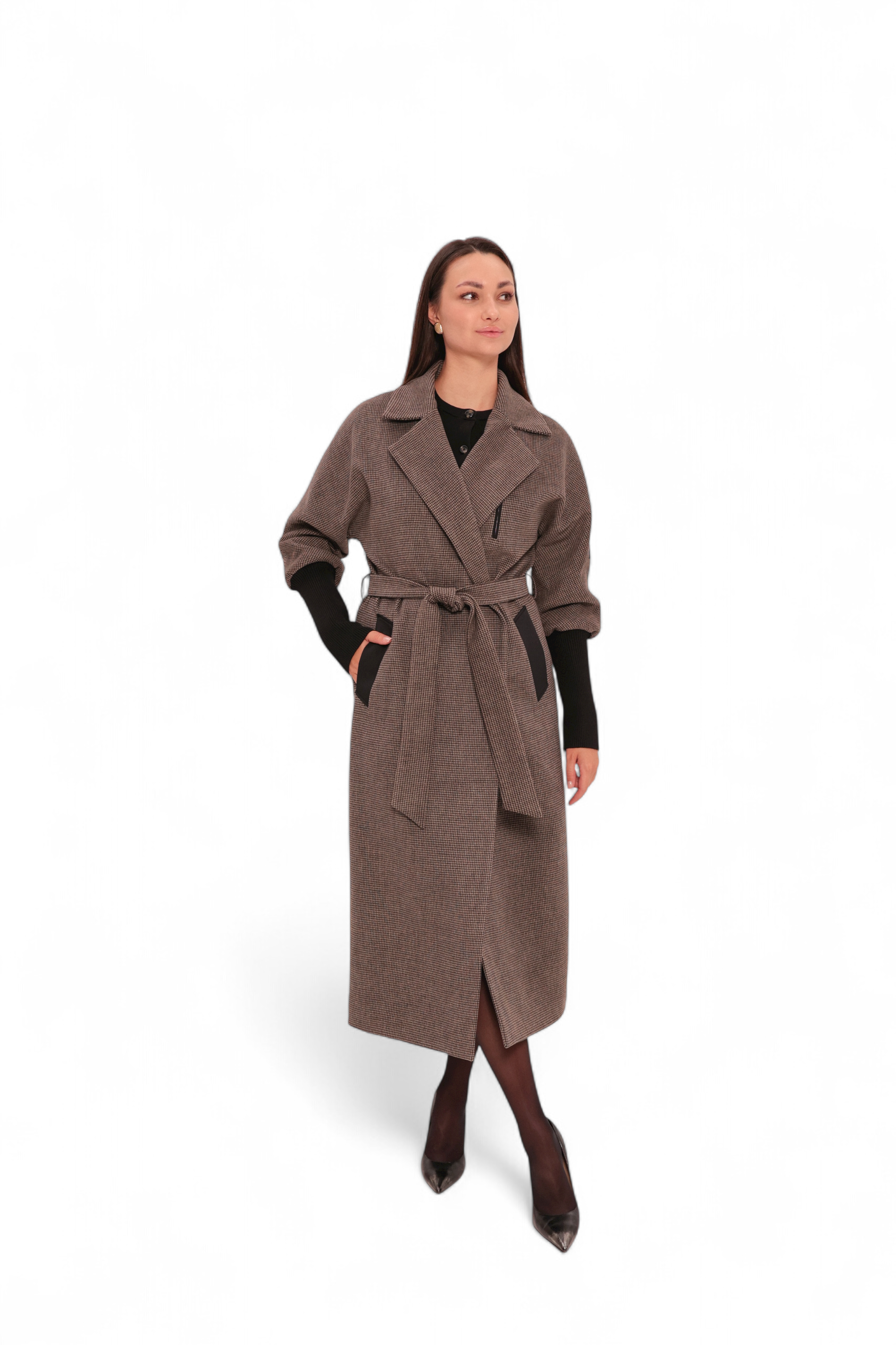 Miru Cashmere Wool Blend Overcoat in Beige Houndstooth