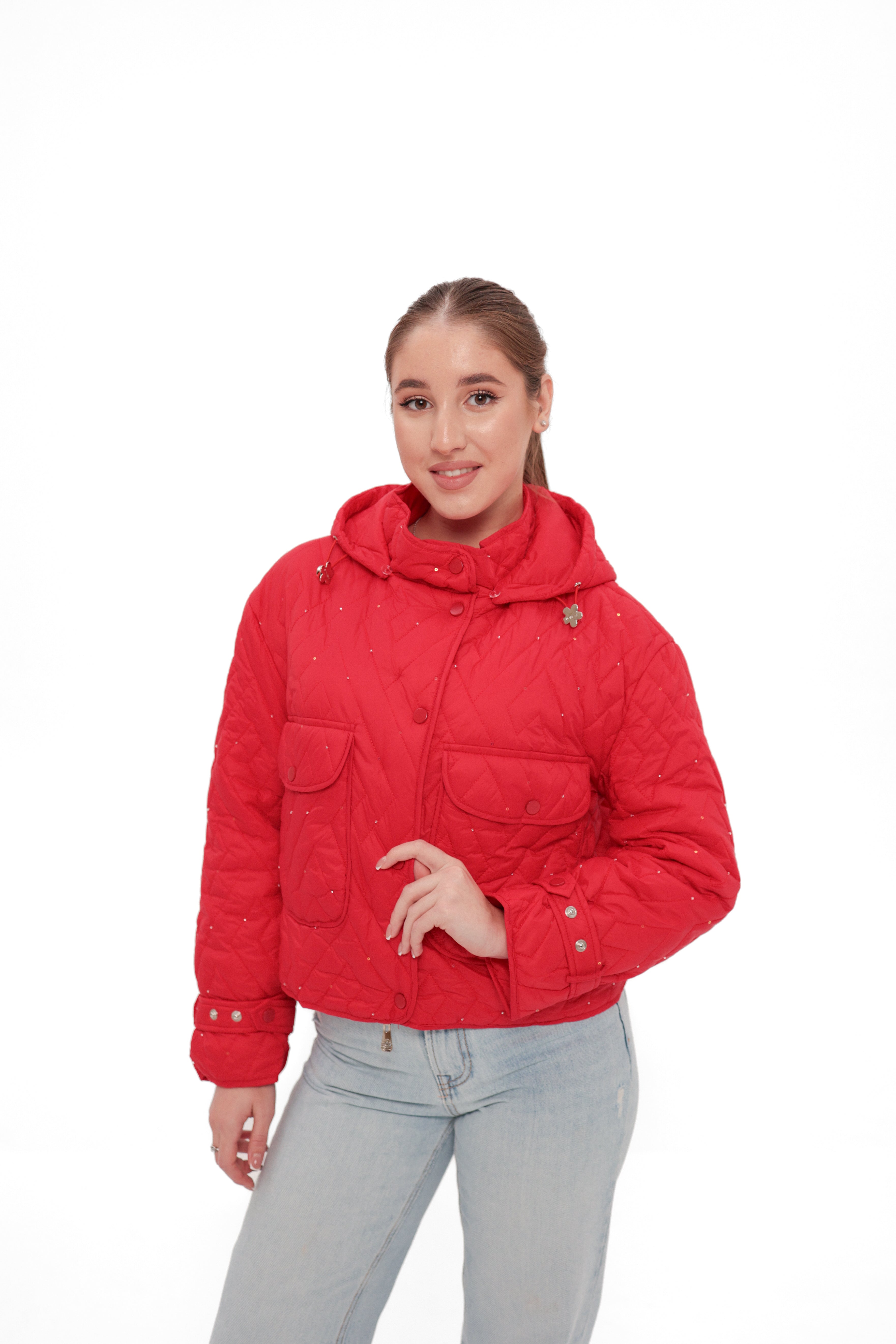 Studded Light Demi-Season Hooded Cropped Jacket in Red