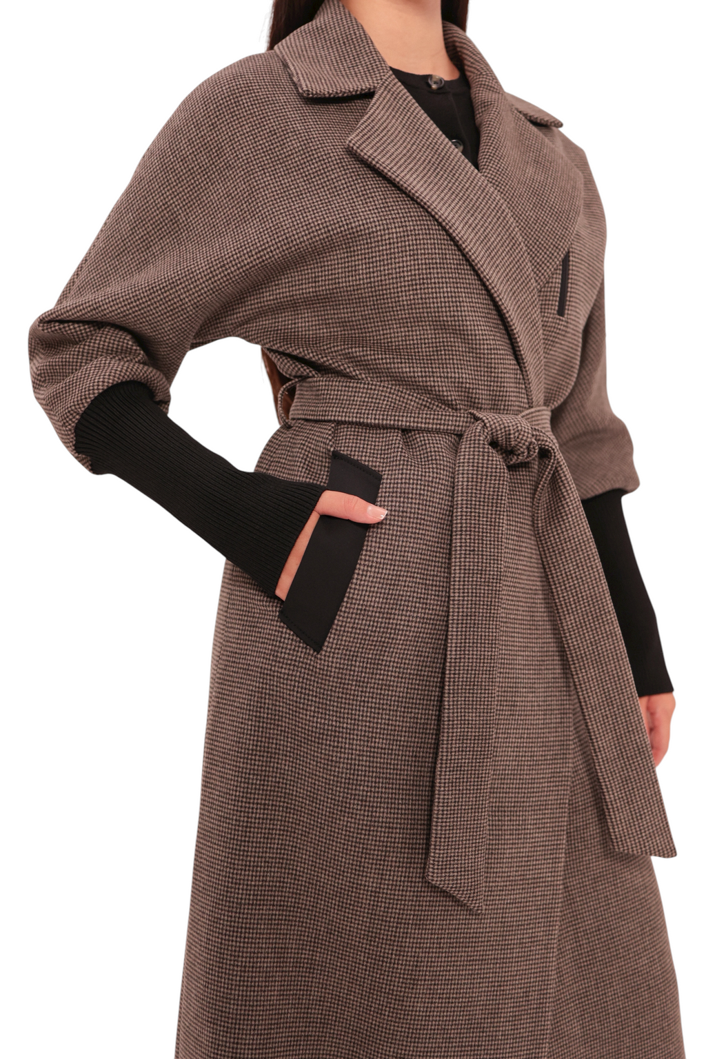 Miru Cashmere Wool Blend Overcoat in Beige Houndstooth