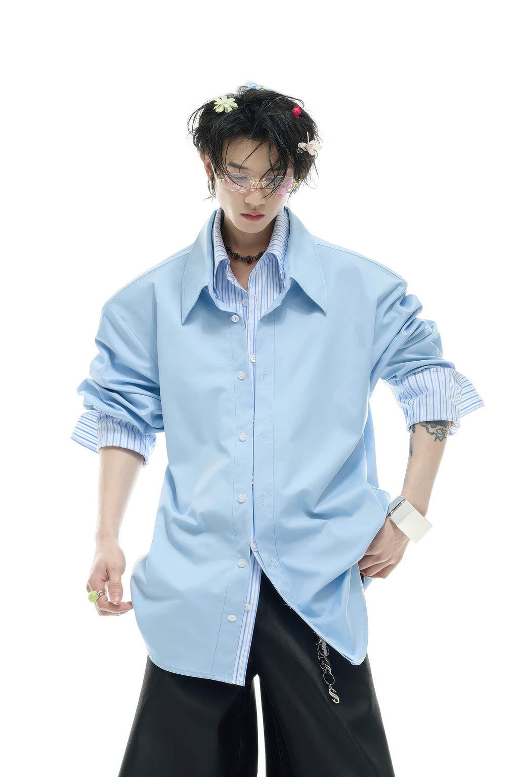 Deconstructed Stripe Shirt - Colorblock Layered Designer Top