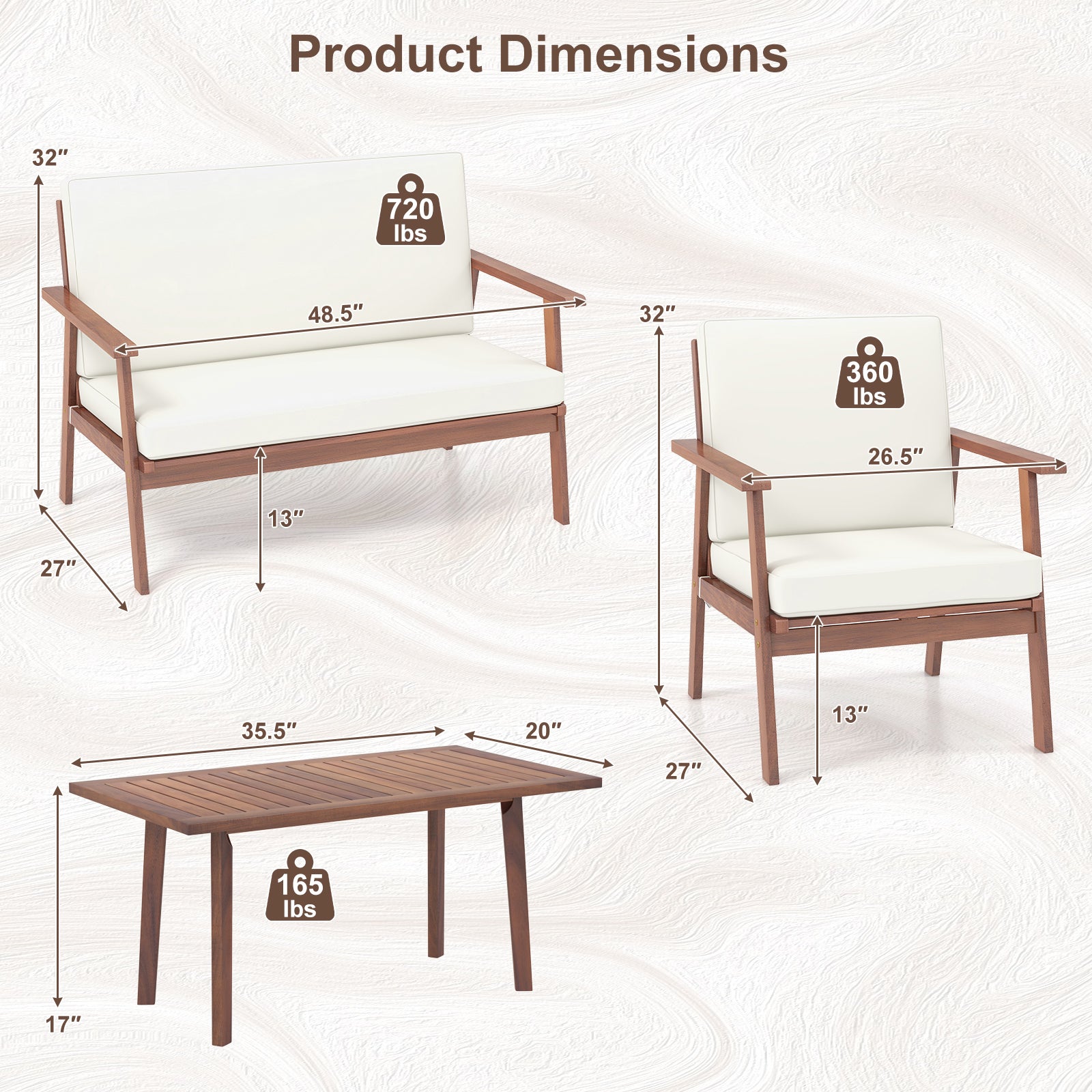 4 Piece Outdoor Acacia Wood Conversation Set with Soft Seat and Back Cushions